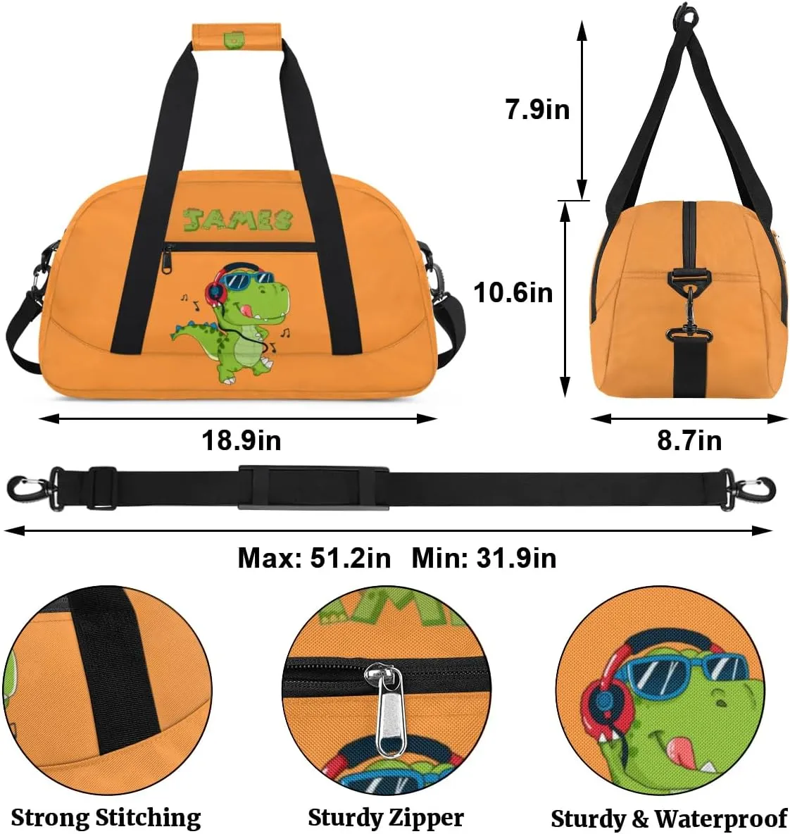 Custom Duffel Bag for Kids Small Sports Gym Bag for Boys Overnight Bag Kids Travel Luggage Bag Music Dinosaur Orange Sports Bag