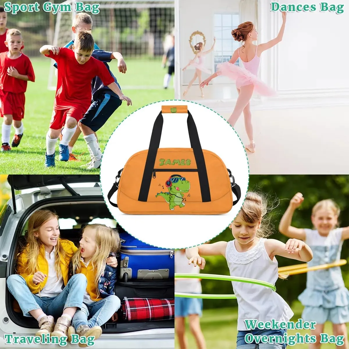 Custom Duffel Bag for Kids Small Sports Gym Bag for Boys Overnight Bag Kids Travel Luggage Bag Music Dinosaur Orange Sports Bag