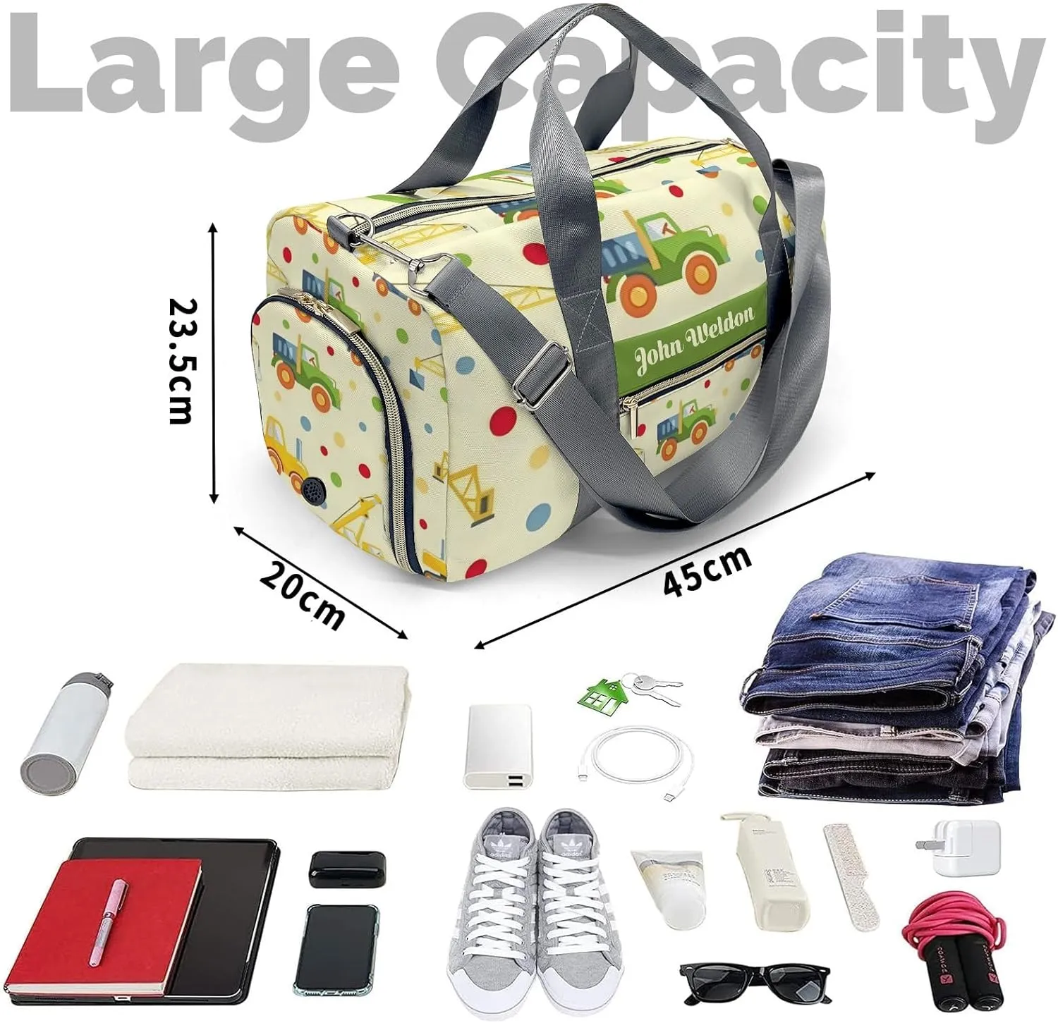 Custom Duffel Overnight Travel Bag for Sports Workout Girls Boy,Point Truck Crane Jump Personalized Duffle Bag Gifts