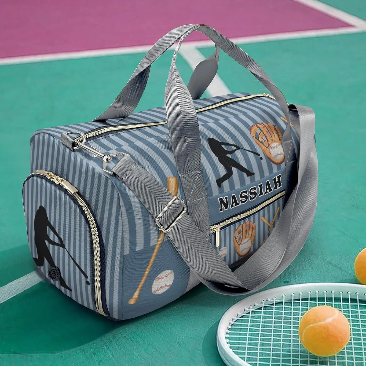 Custom Duffel Overnight Travel Bag for Sports Workout Girls Boys,Baseball Player Stripes Aegean Personalized Duffle Bag Gifts