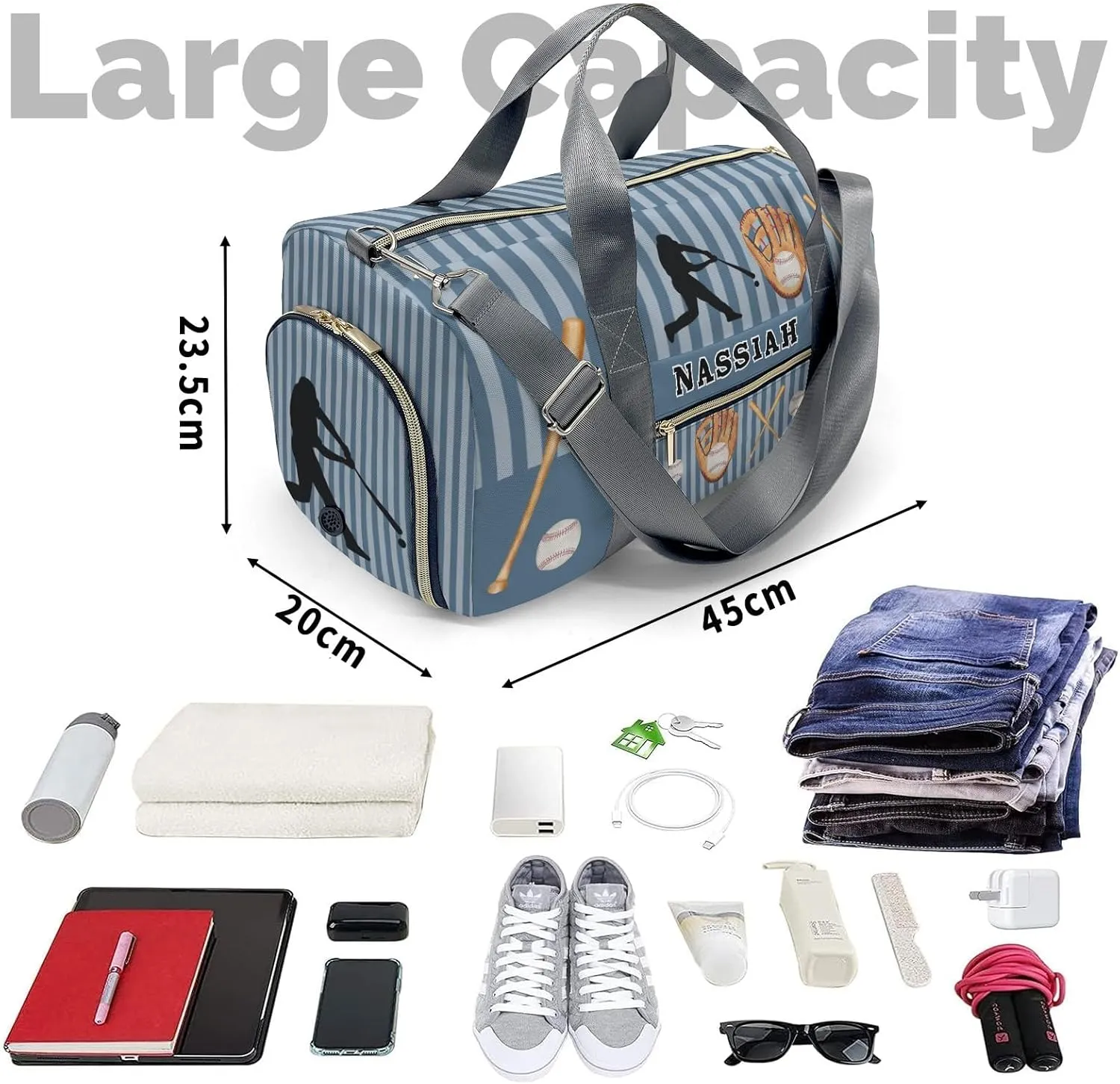 Custom Duffel Overnight Travel Bag for Sports Workout Girls Boys,Baseball Player Stripes Aegean Personalized Duffle Bag Gifts