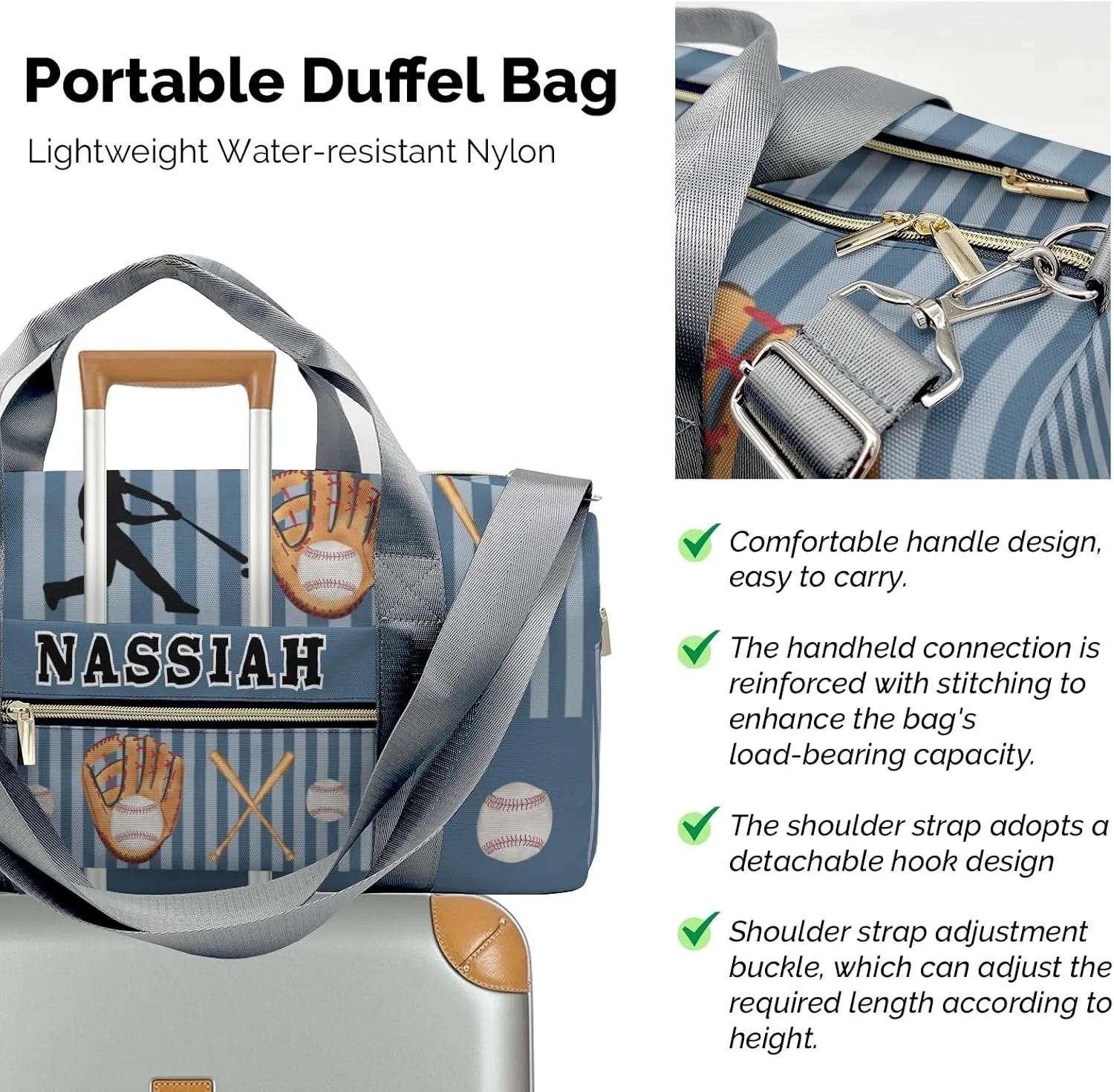 Custom Duffel Overnight Travel Bag for Sports Workout Girls Boys,Baseball Player Stripes Aegean Personalized Duffle Bag Gifts