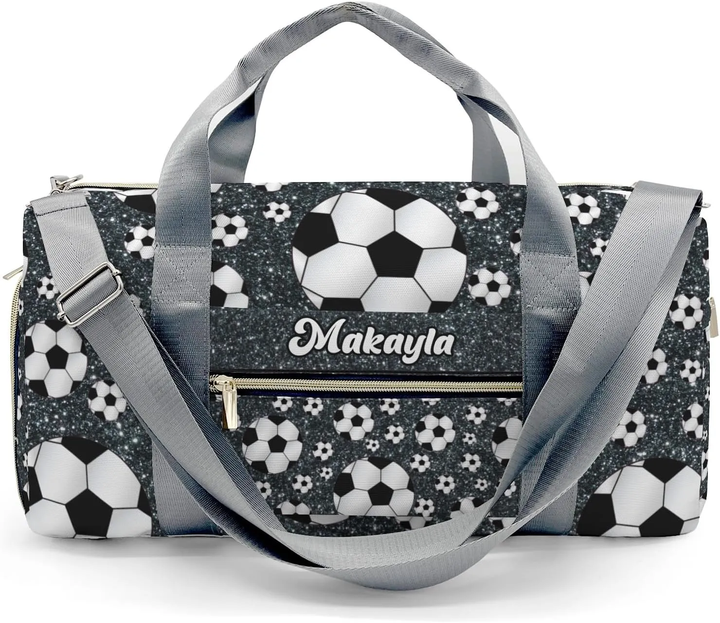 Custom Duffel Overnight Travel Bag for Sports Workout Girls Boys,Sport Soccer Balls Black Glitter Personalized MultiFunction Duffle Bag Customized Gifts