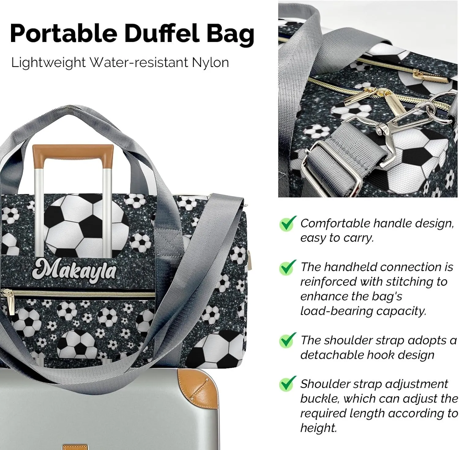 Custom Duffel Overnight Travel Bag for Sports Workout Girls Boys,Sport Soccer Balls Black Glitter Personalized MultiFunction Duffle Bag Customized Gifts