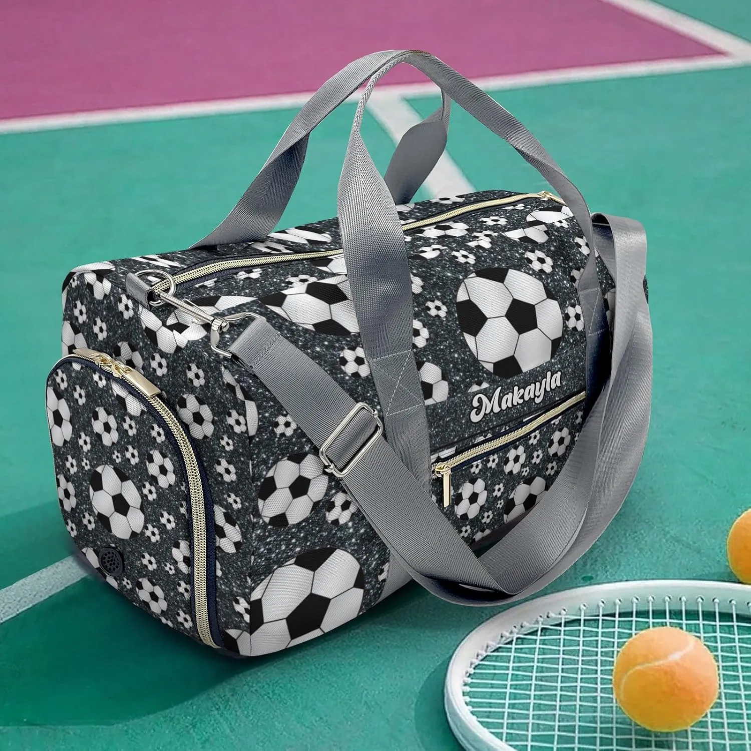 Custom Duffel Overnight Travel Bag for Sports Workout Girls Boys,Sport Soccer Balls Black Glitter Personalized MultiFunction Duffle Bag Customized Gifts