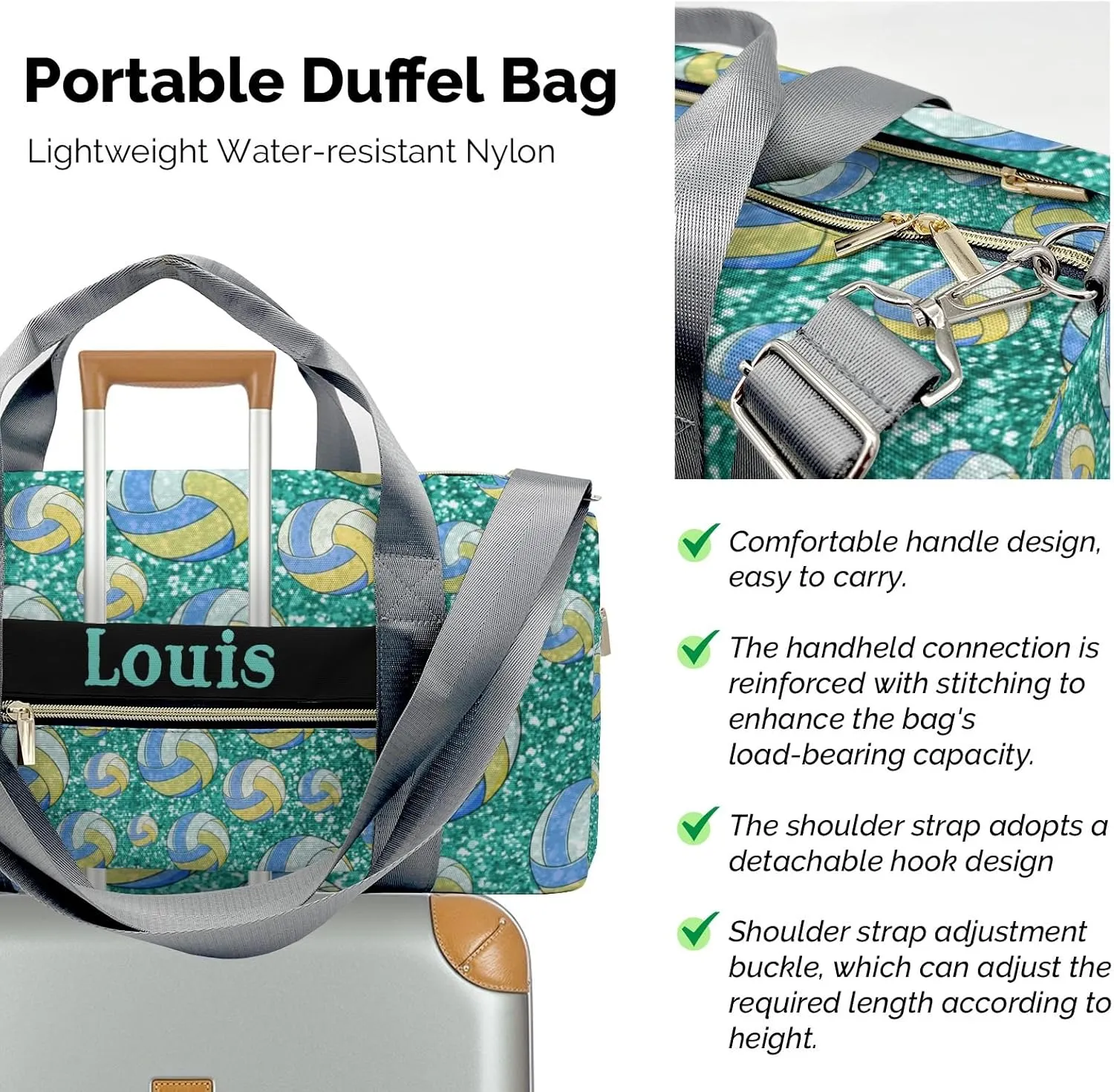 Custom Duffel Overnight Travel Bag for Sports Workout Girls Boys,Sport Volleyball Teal Personalized Duffle Bag Gifts