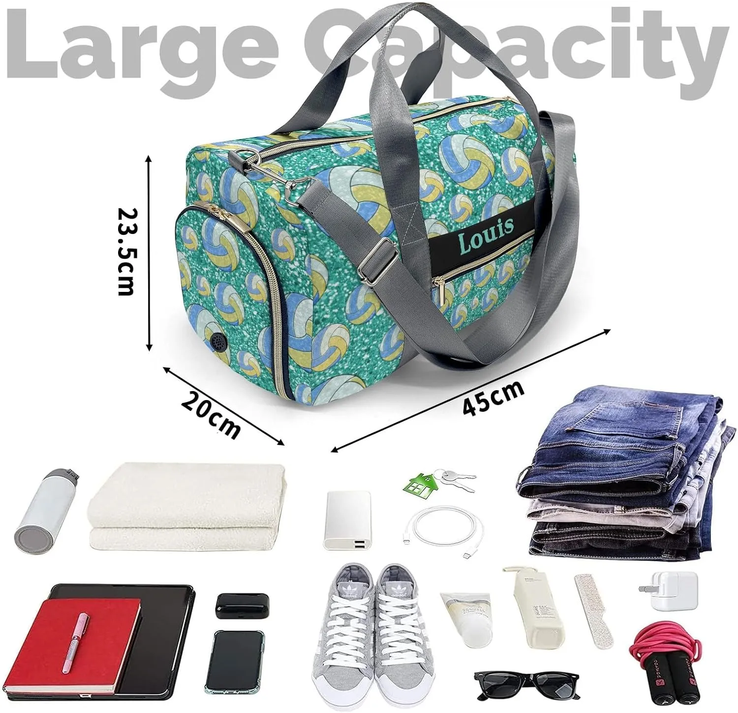 Custom Duffel Overnight Travel Bag for Sports Workout Girls Boys,Sport Volleyball Teal Personalized Duffle Bag Gifts