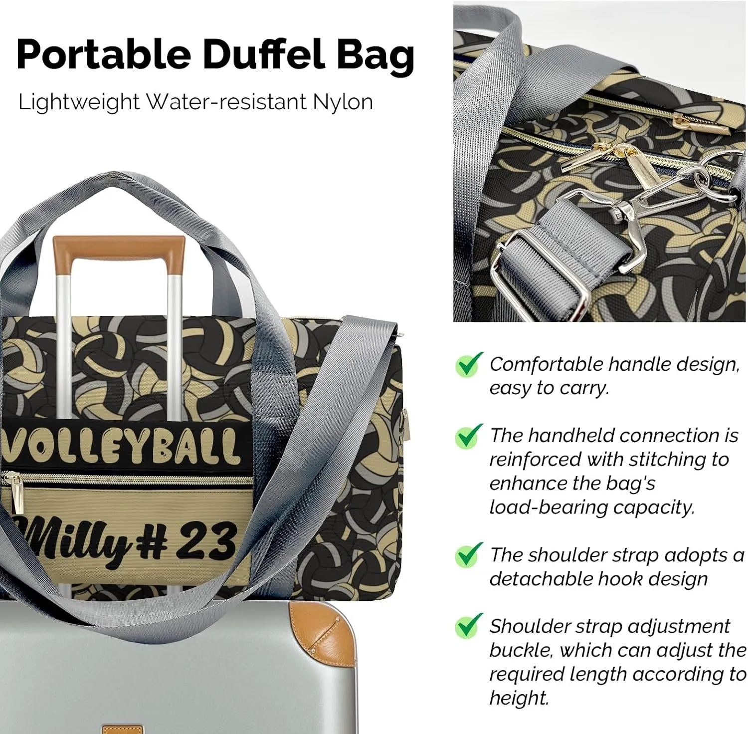 Custom Gold Khaki Black Volleyball Duffel Bag with Name Adjustable Shoulder Strap Travel Bag for Teens Adults