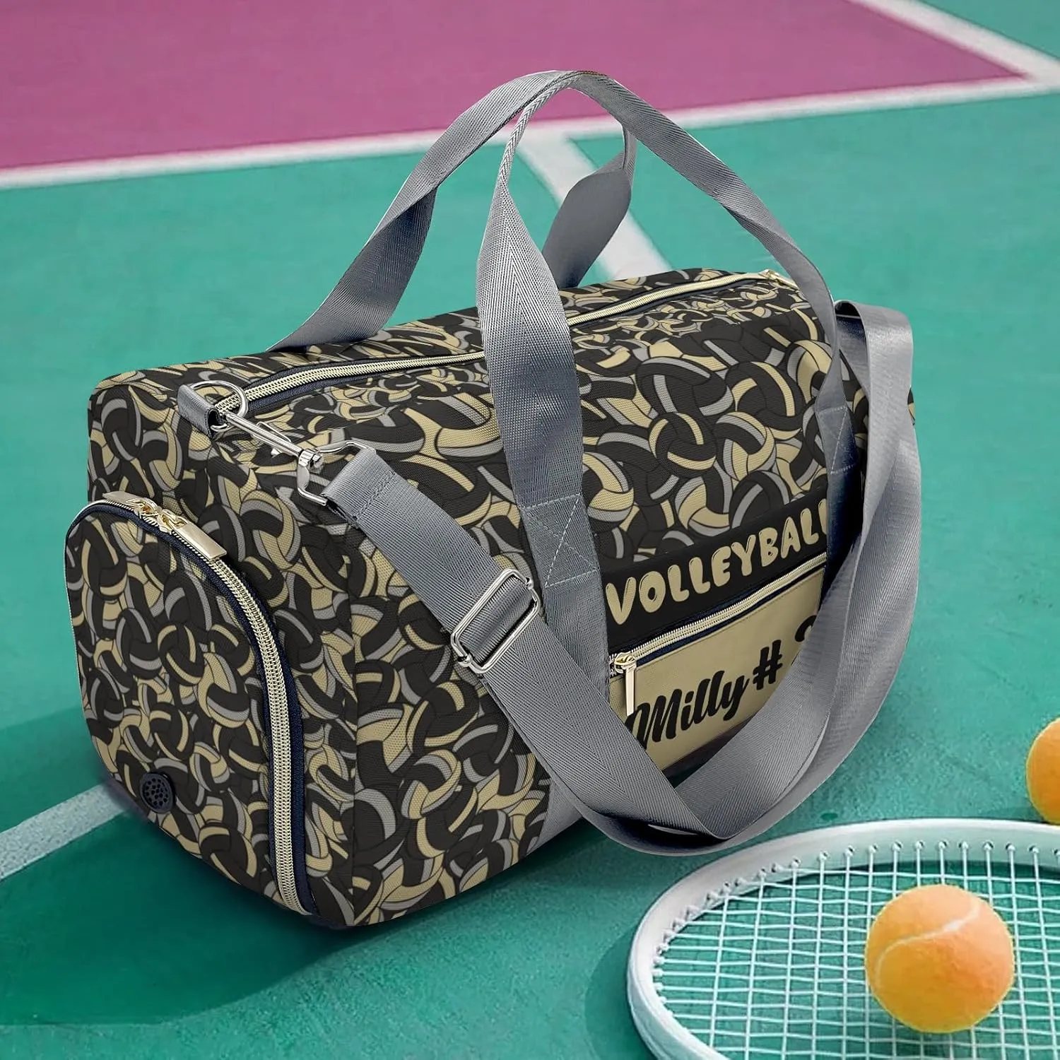 Custom Gold Khaki Black Volleyball Duffel Bag with Name Adjustable Shoulder Strap Travel Bag for Teens Adults