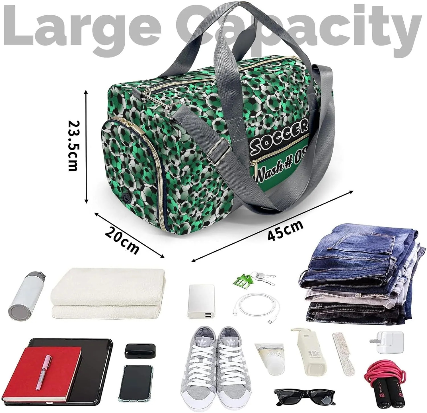 Custom Green Black White Soccer Pattern Duffel Bag with Name Gym Bags Adjustable Shoulder Strap Travel Bag for Teens