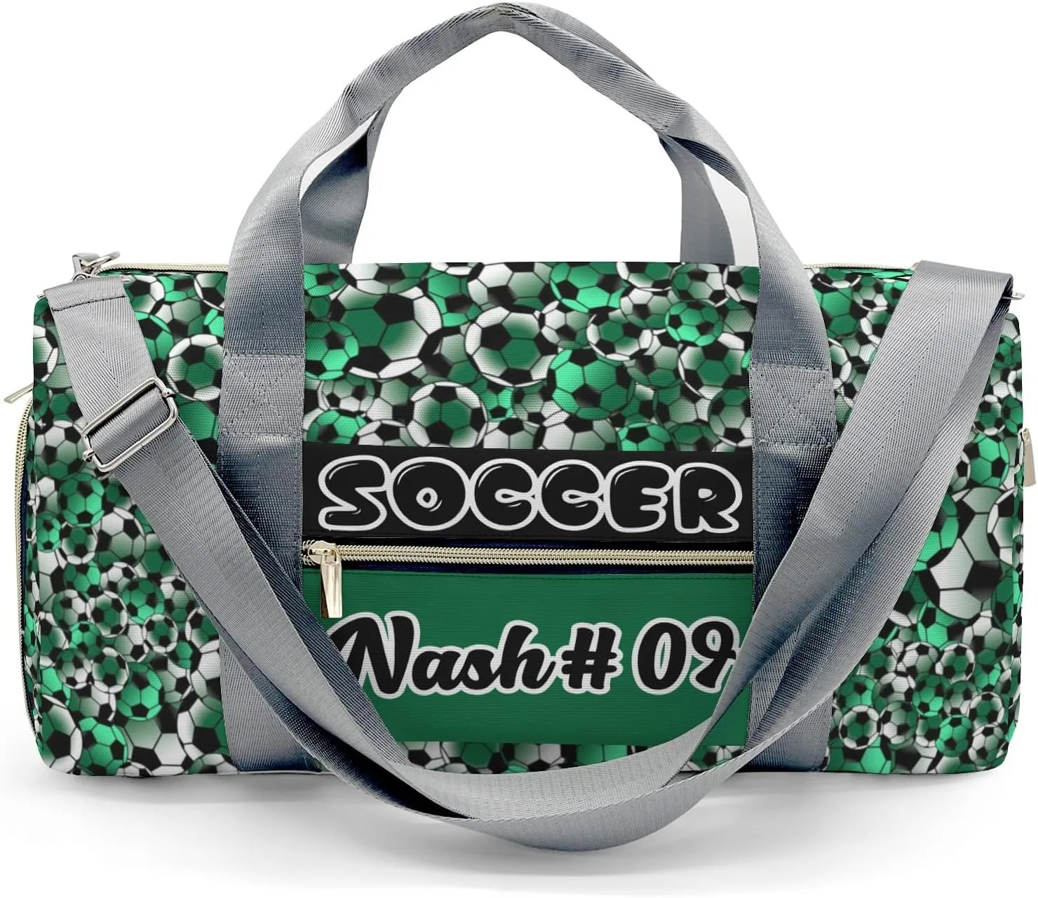 Custom Green Black White Soccer Pattern Duffel Bag with Name Gym Bags Adjustable Shoulder Strap Travel Bag for Teens