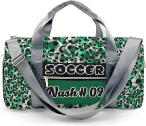 Custom Green Black White Soccer Pattern Duffel Bag with Name Gym Bags Adjustable Shoulder Strap Travel Bag for Teens