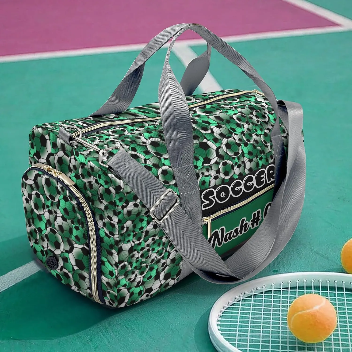 Custom Green Black White Soccer Pattern Duffel Bag with Name Gym Bags Adjustable Shoulder Strap Travel Bag for Teens