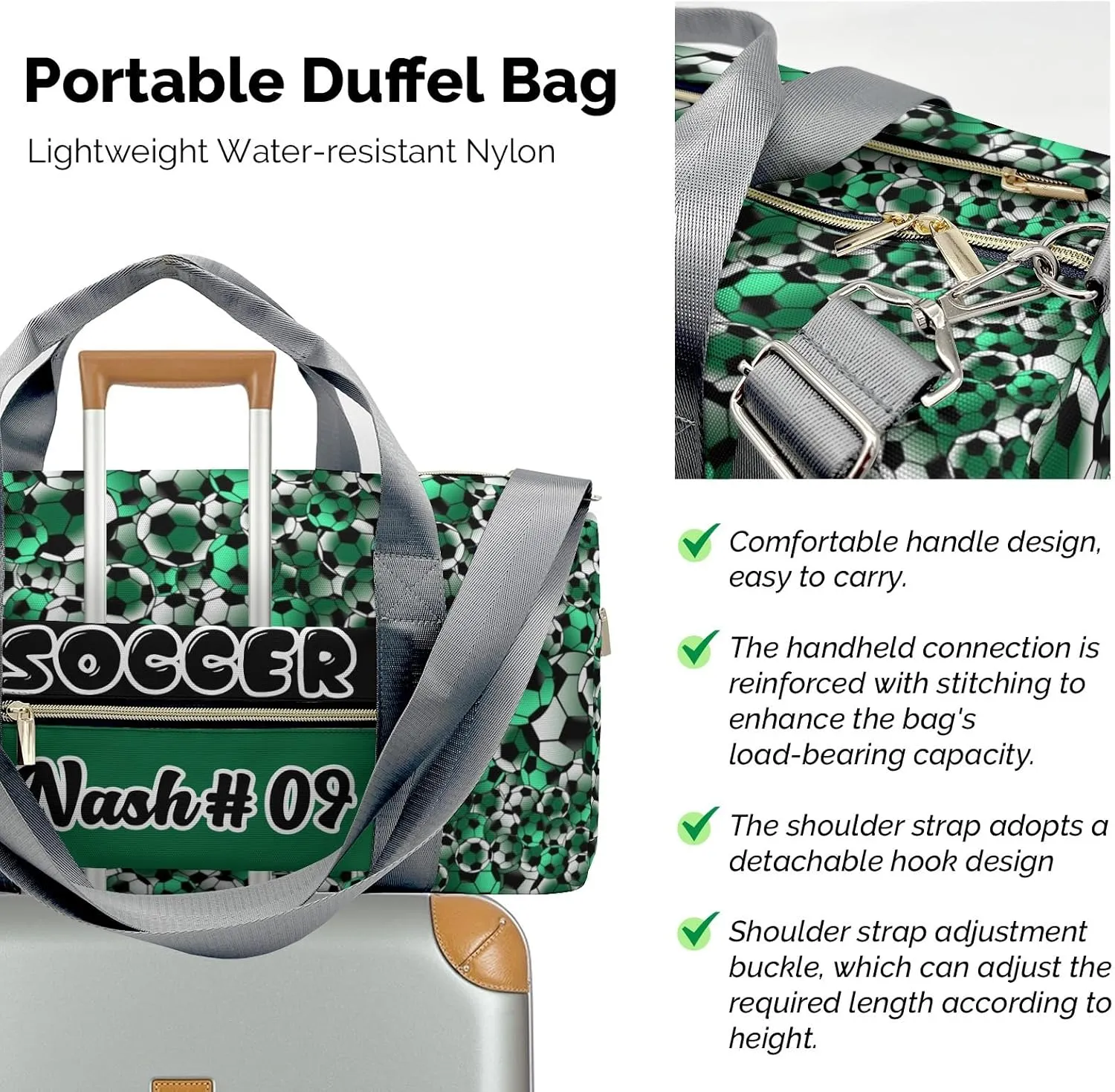 Custom Green Black White Soccer Pattern Duffel Bag with Name Gym Bags Adjustable Shoulder Strap Travel Bag for Teens
