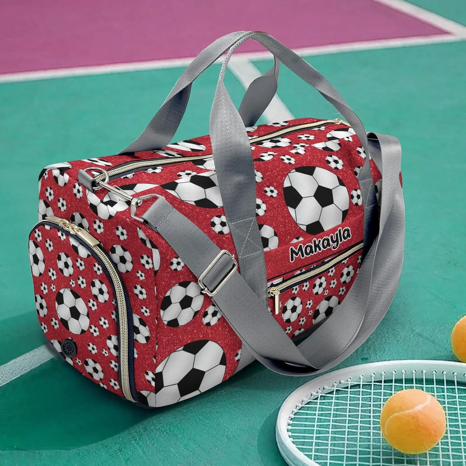 Custom Kids Sport Soccer Balls Red Glitter Duffel Overnight Dance Bag for Girls Personalized Dance Duffle Bag for Women Girls Customized Kids Gifts