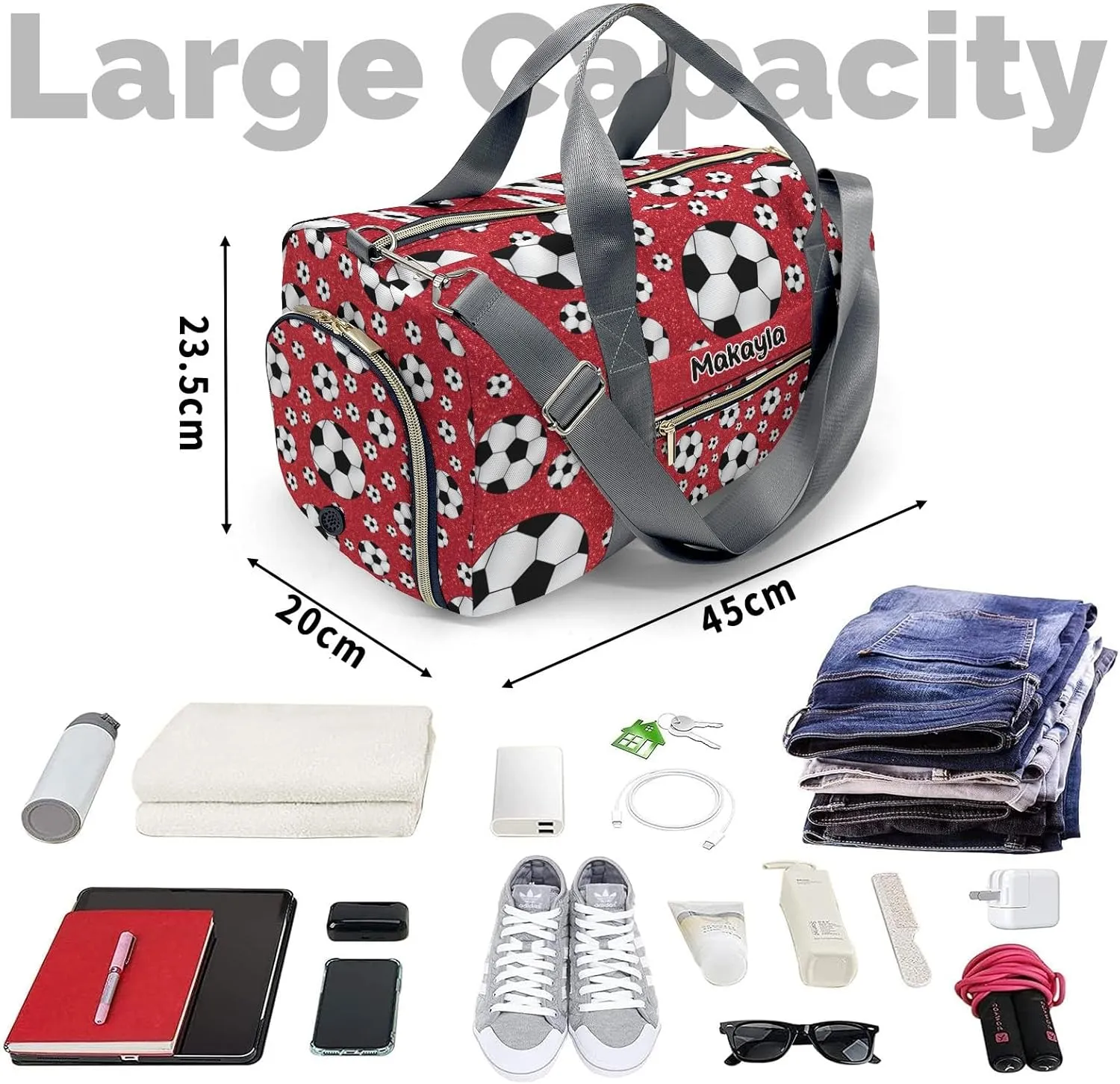 Custom Kids Sport Soccer Balls Red Glitter Duffel Overnight Dance Bag for Girls Personalized Dance Duffle Bag for Women Girls Customized Kids Gifts