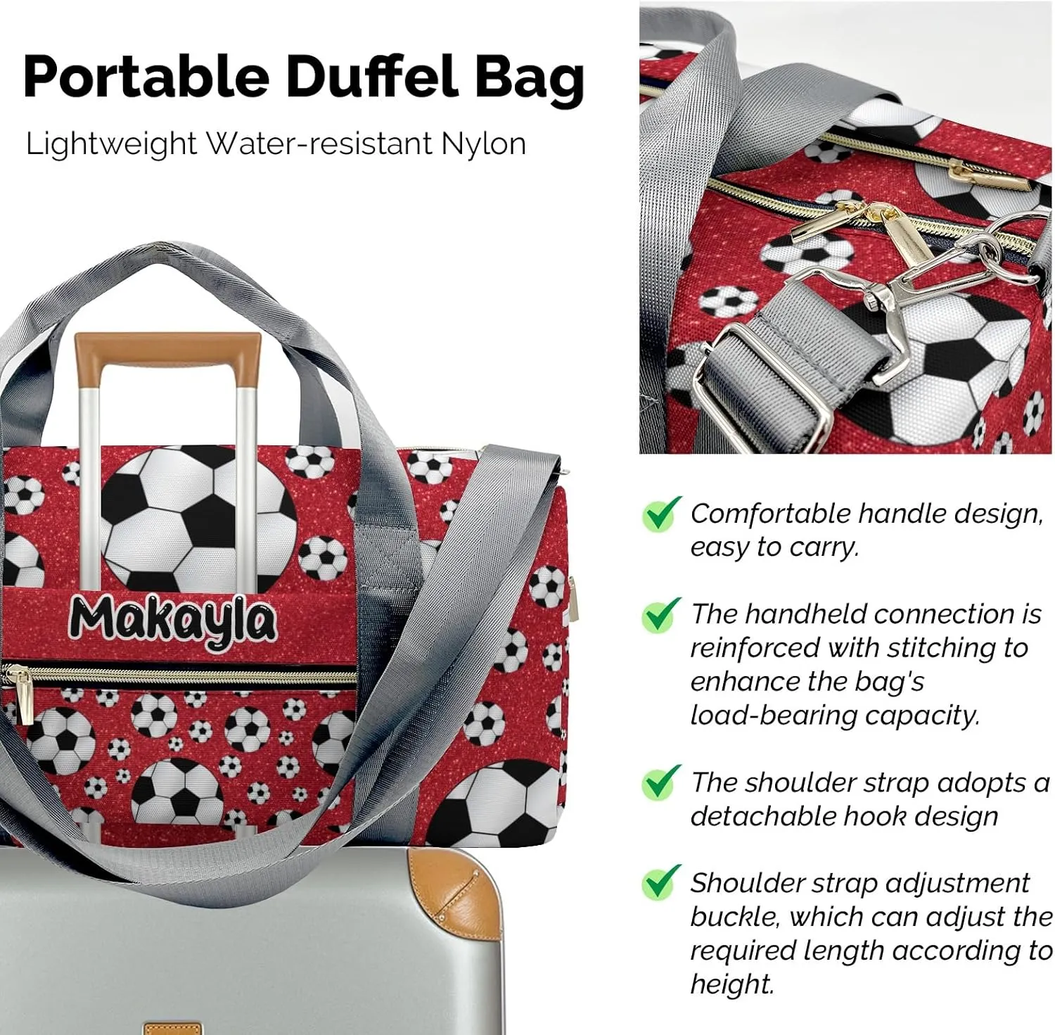 Custom Kids Sport Soccer Balls Red Glitter Duffel Overnight Dance Bag for Girls Personalized Dance Duffle Bag for Women Girls Customized Kids Gifts