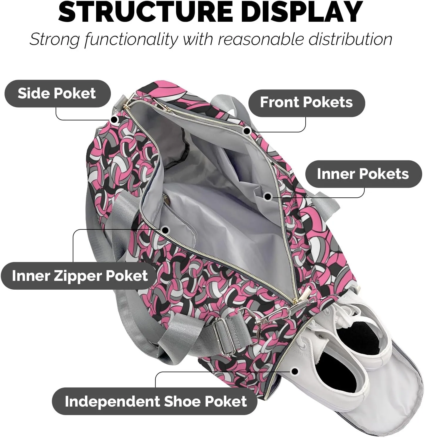 Custom Pink Gray Volleyball Pattern Duffel Bag with Name Gym Bags Adjustable Shoulder Strap Travel Bag for Teens