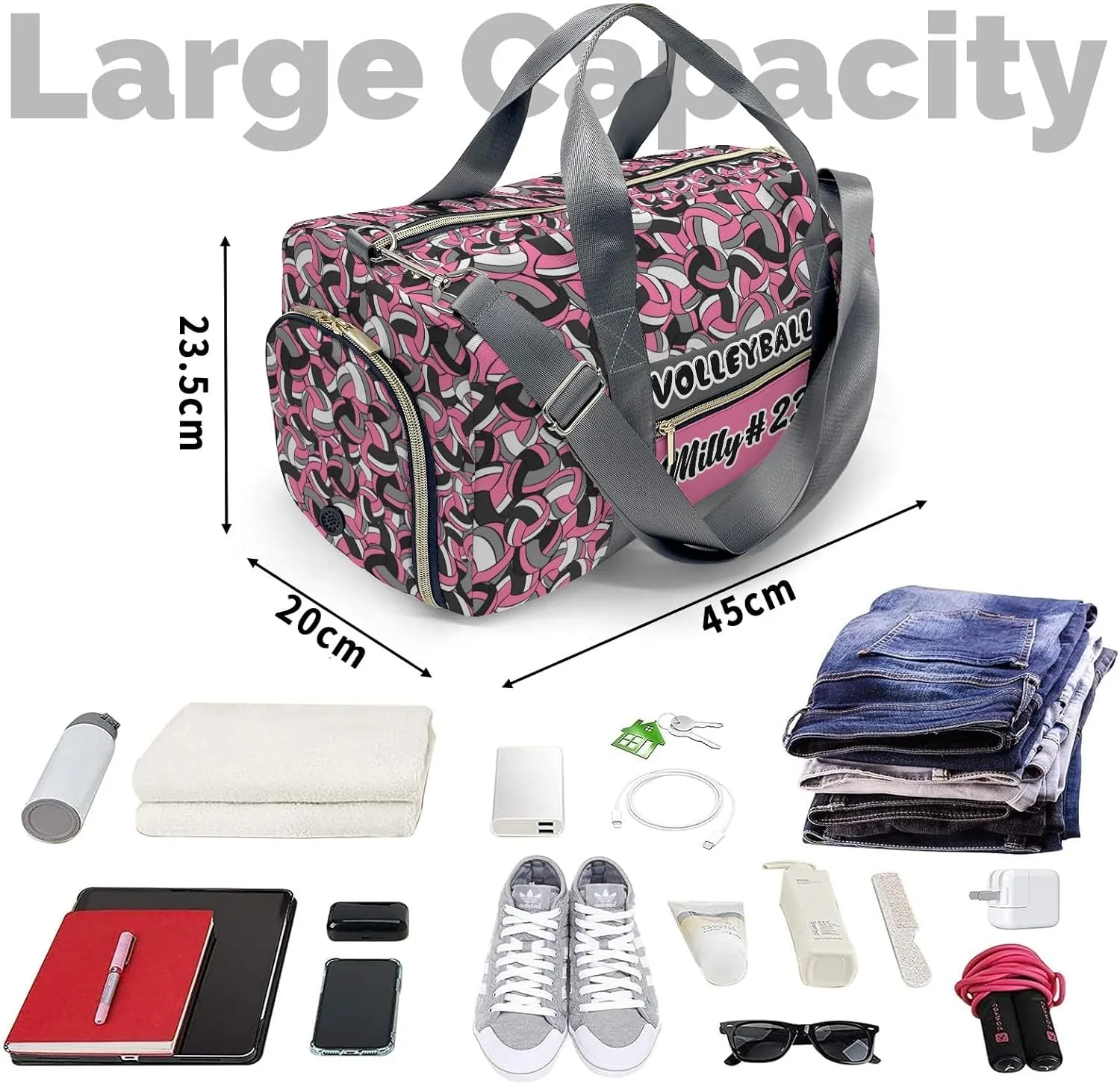Custom Pink Gray Volleyball Pattern Duffel Bag with Name Gym Bags Adjustable Shoulder Strap Travel Bag for Teens