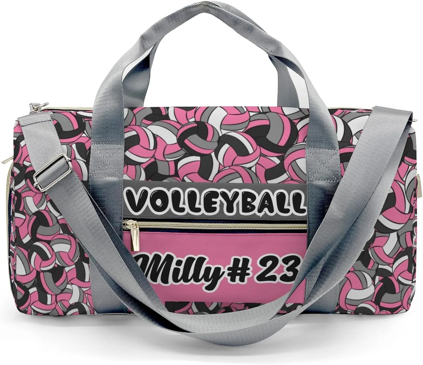 Custom Pink Gray Volleyball Pattern Duffel Bag with Name Gym Bags Adjustable Shoulder Strap Travel Bag for Teens