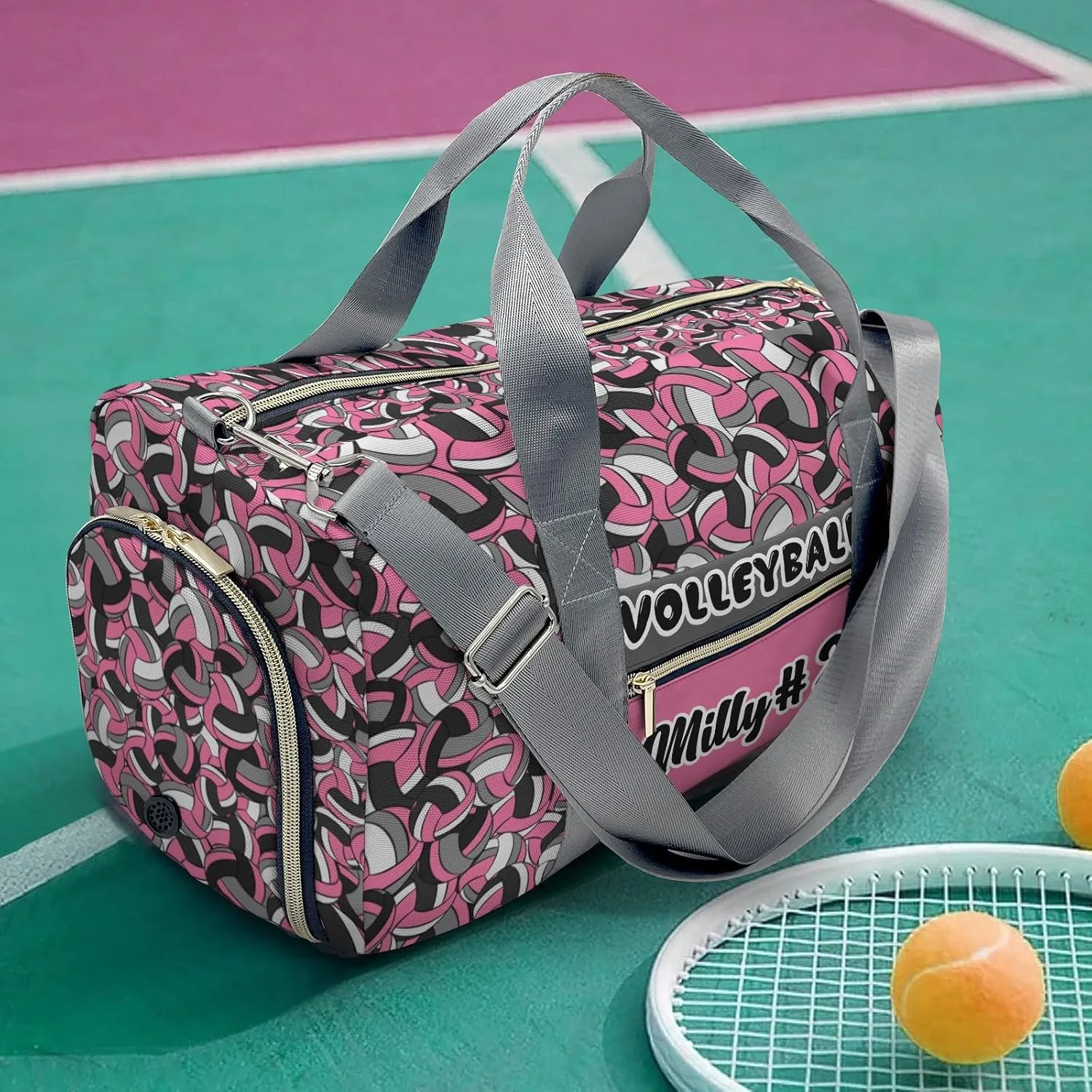 Custom Pink Gray Volleyball Pattern Duffel Bag with Name Gym Bags Adjustable Shoulder Strap Travel Bag for Teens