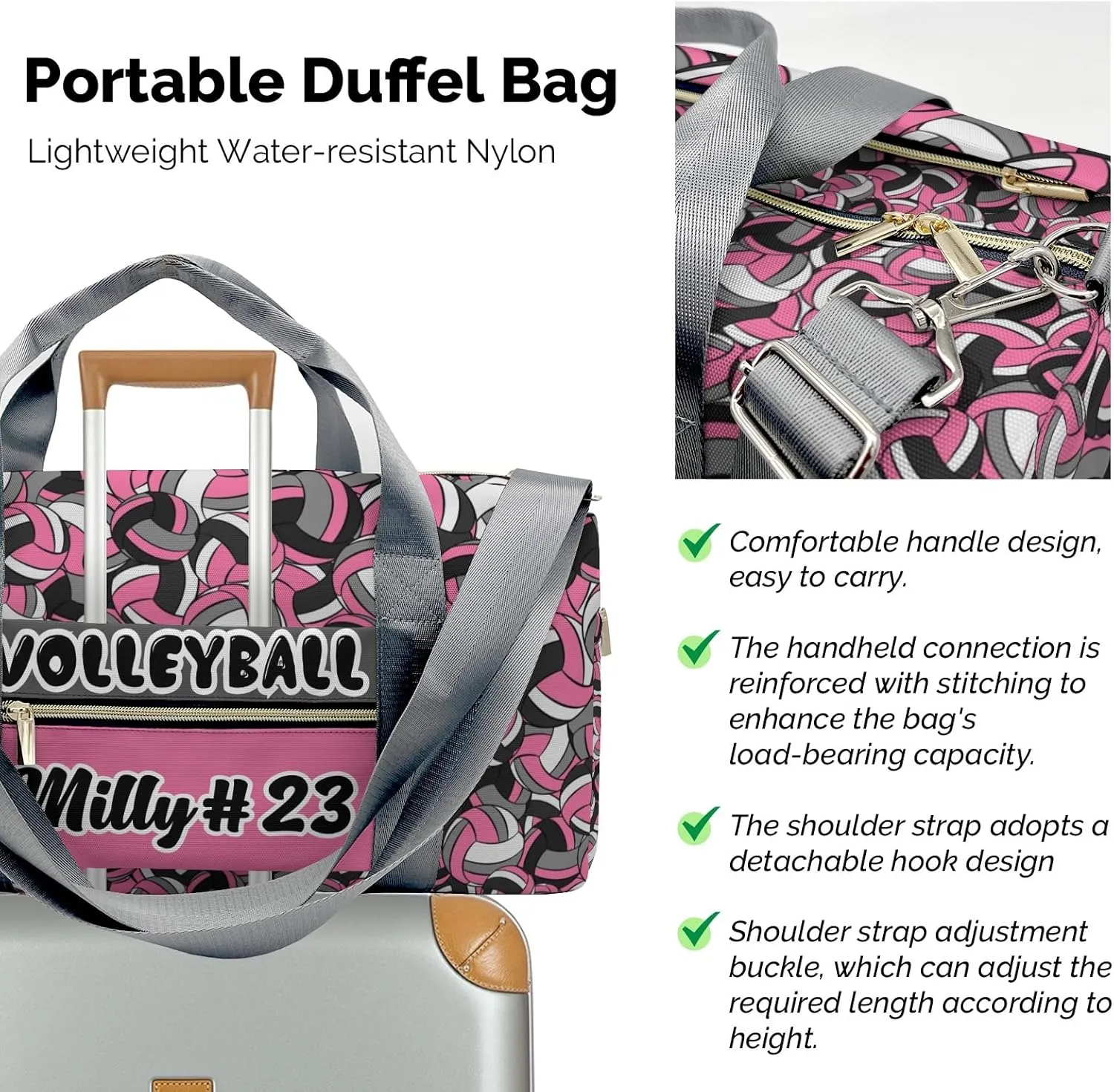 Custom Pink Gray Volleyball Pattern Duffel Bag with Name Gym Bags Adjustable Shoulder Strap Travel Bag for Teens