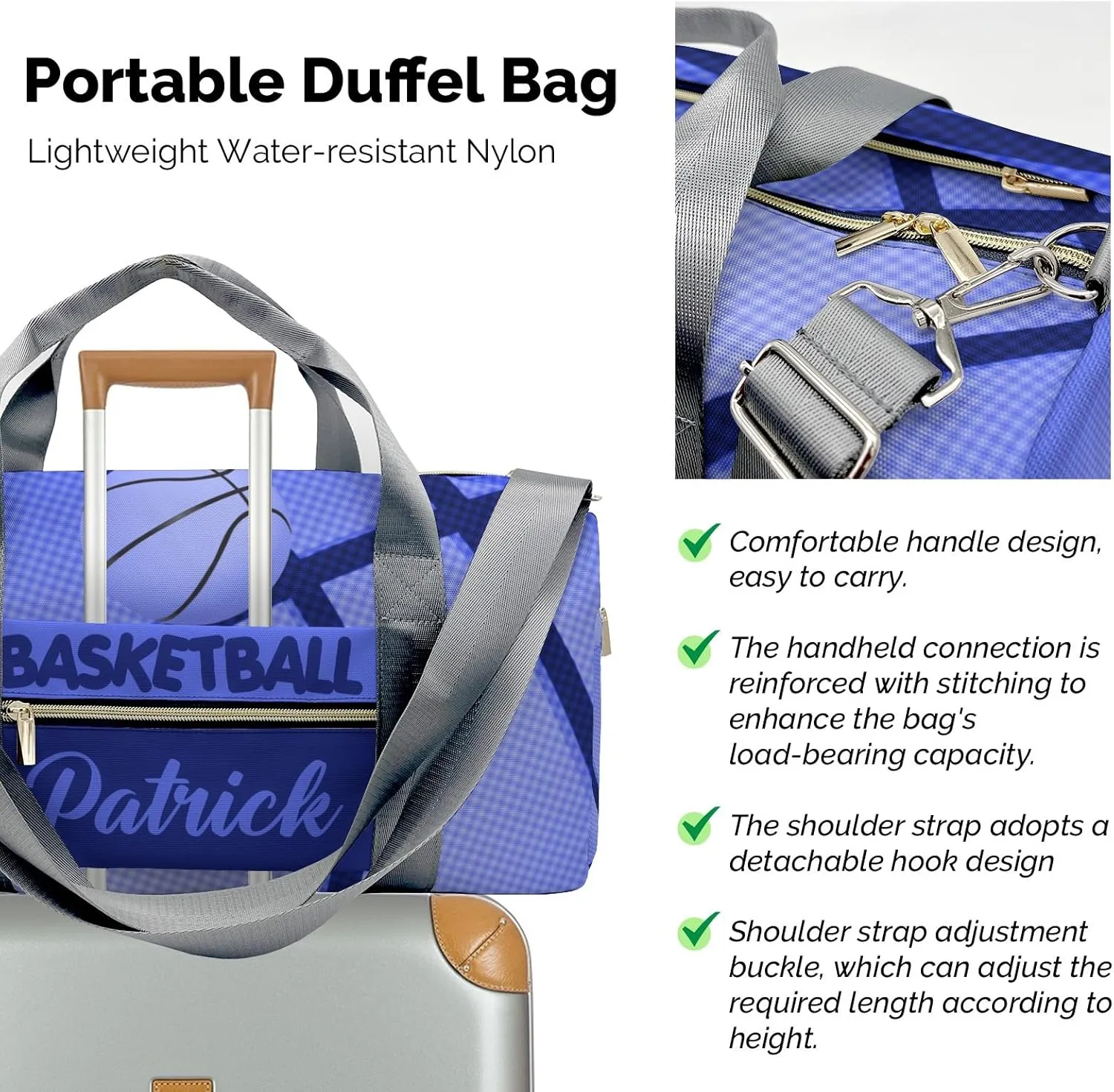 Custom Sport Basketball Print Duffel Bag with Name Child Kids Adjustable Shoulder Strap Travel Bag for Boys Girls Teens