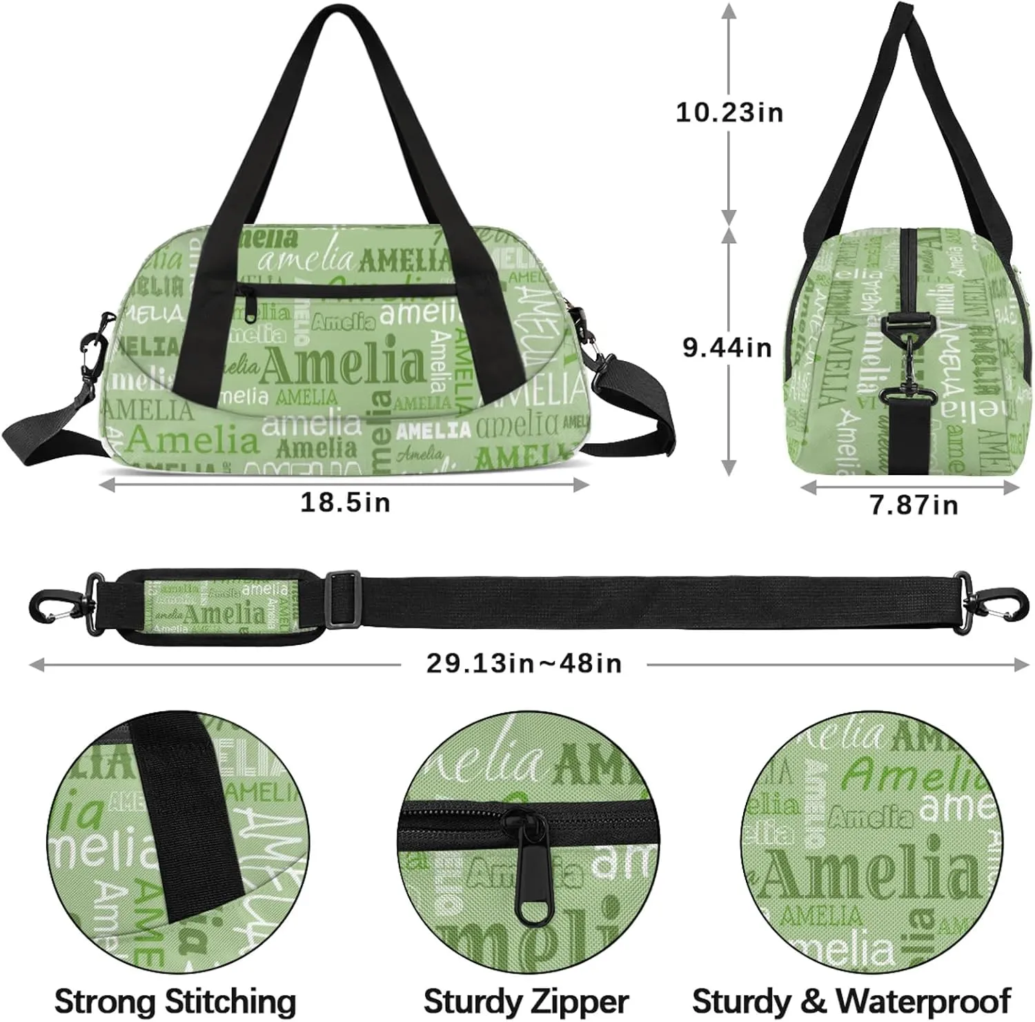 Custom Sports Duffel Bag with Name Personalized Gymnastics Bag for Women Men Dance Ballet Bag Travel Duffels Lightweight 18.5in, Grass Green