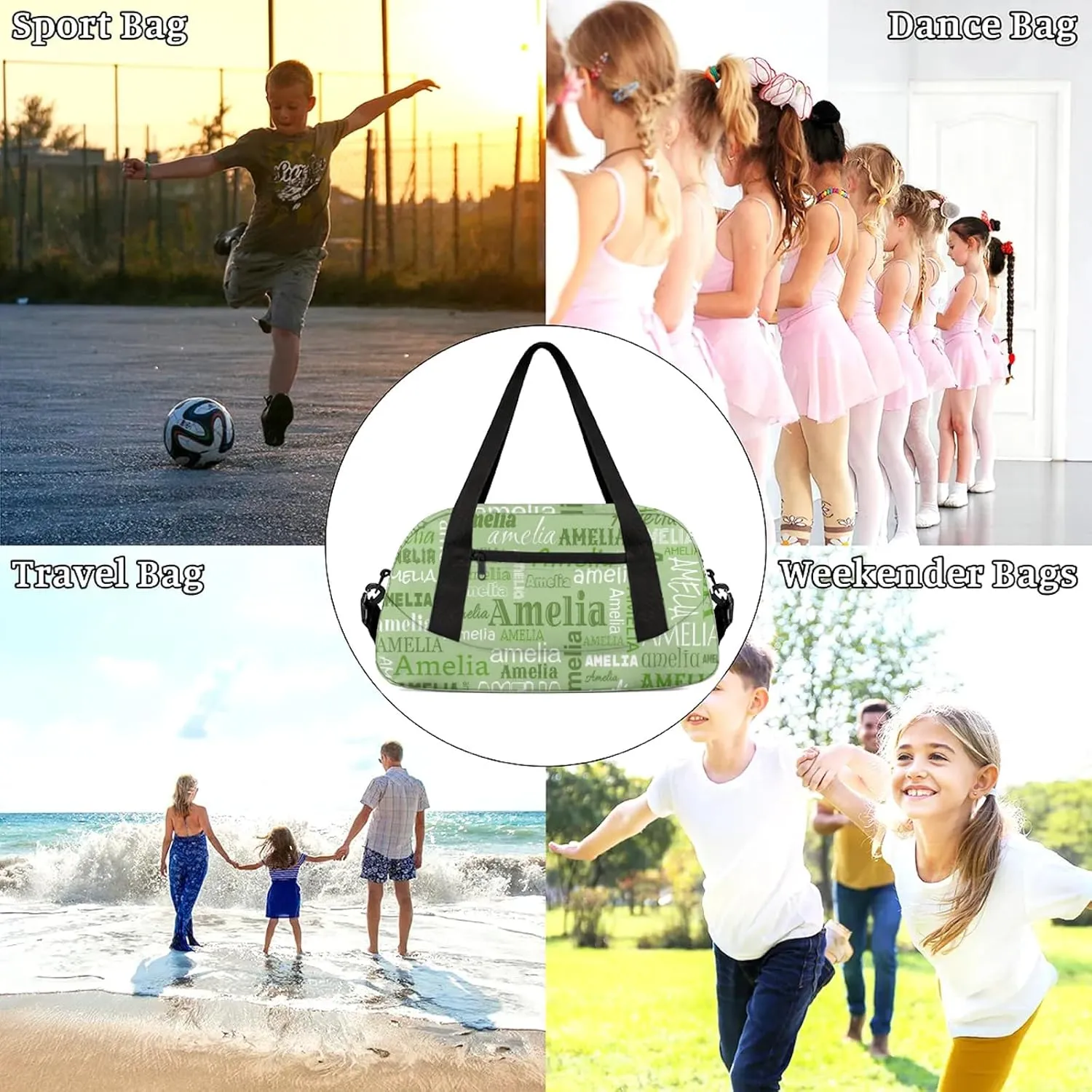 Custom Sports Duffel Bag with Name Personalized Gymnastics Bag for Women Men Dance Ballet Bag Travel Duffels Lightweight 18.5in, Grass Green