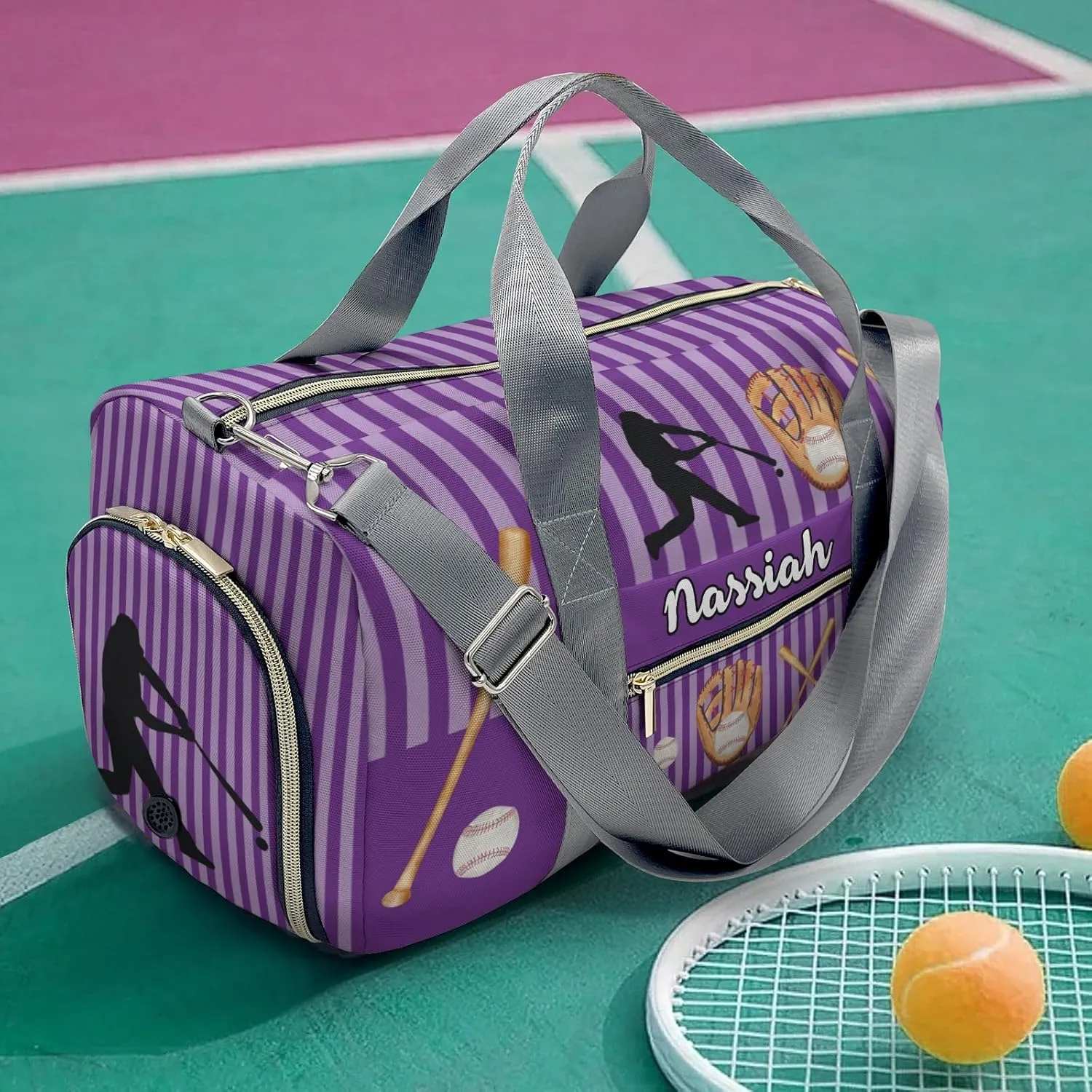 Custon Name Baseball Player Stripes Purple Gym Sport Yoga Duffel Bag Sport Player Travel Bag,Sport Gym Bag Personalized Gift for Travel Hand Bag Carry on Bag