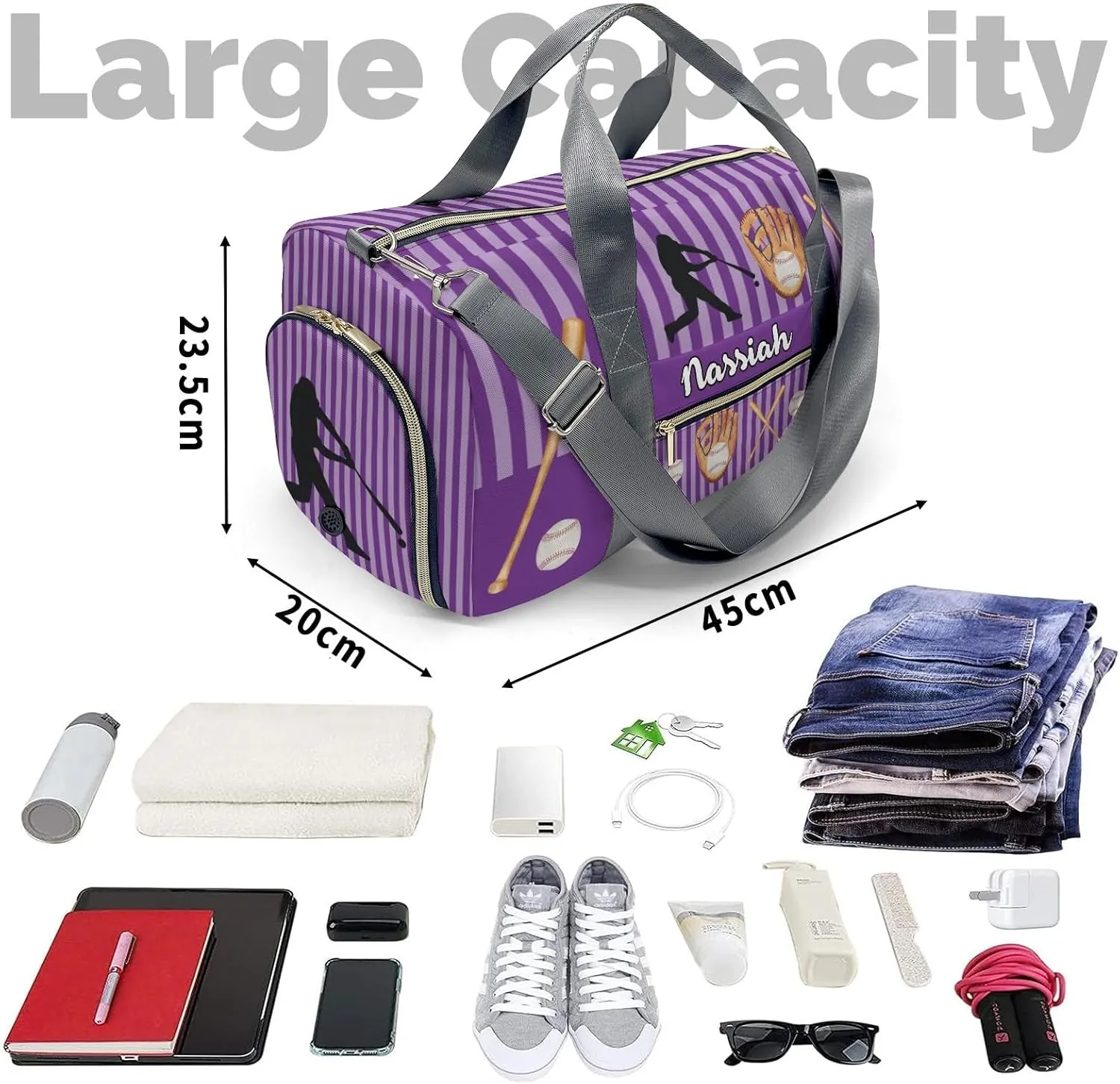 Custon Name Baseball Player Stripes Purple Gym Sport Yoga Duffel Bag Sport Player Travel Bag,Sport Gym Bag Personalized Gift for Travel Hand Bag Carry on Bag