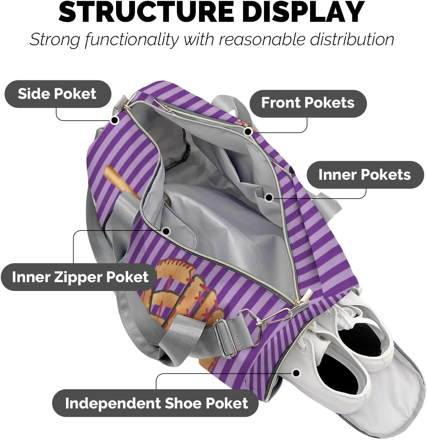 Custon Name Baseball Player Stripes Purple Gym Sport Yoga Duffel Bag Sport Player Travel Bag,Sport Gym Bag Personalized Gift for Travel Hand Bag Carry on Bag