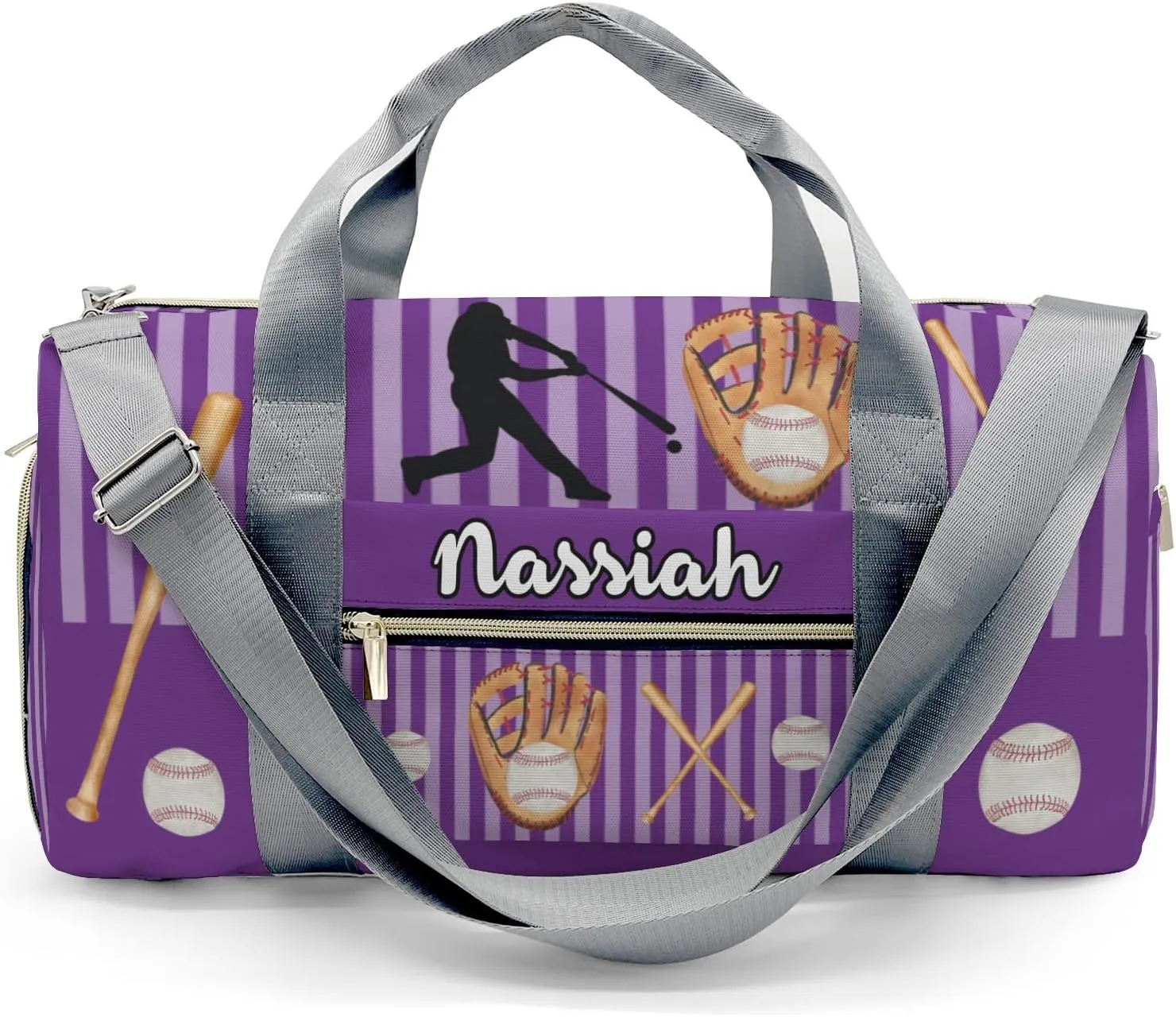 Custon Name Baseball Player Stripes Purple Gym Sport Yoga Duffel Bag Sport Player Travel Bag,Sport Gym Bag Personalized Gift for Travel Hand Bag Carry on Bag