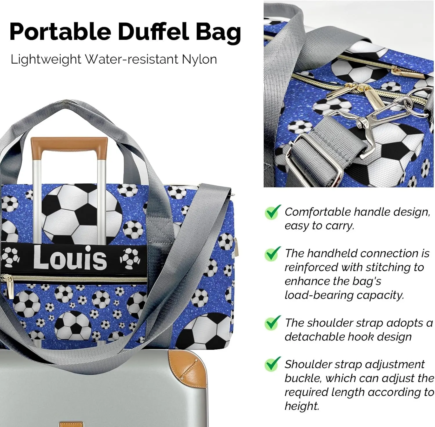 Custon Name Blue Glitter Balls Soccer Gym Duffel Bag Sport Player Travel Bag Personalized Gift for Travel Hand Bag Carry on Bag