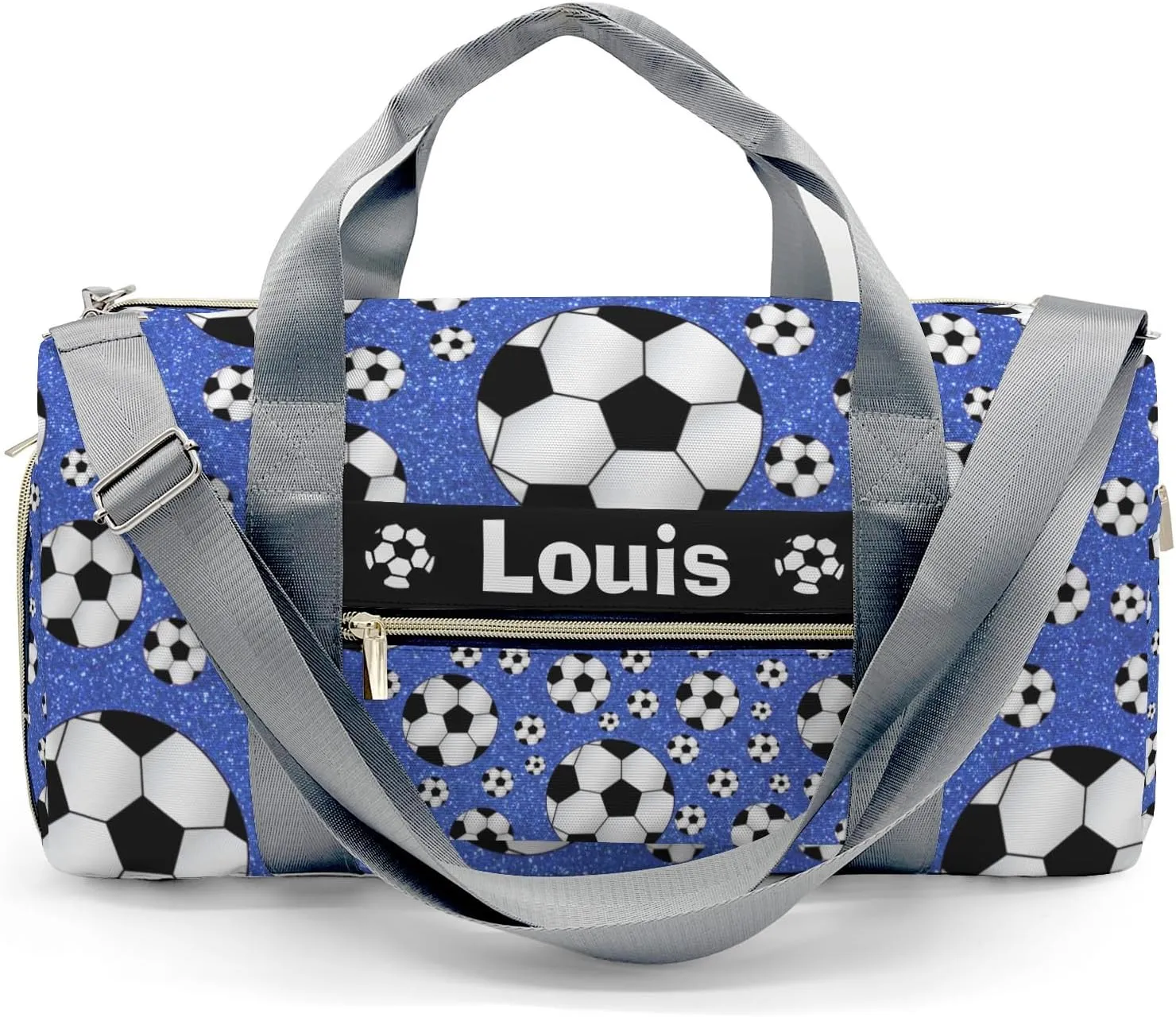 Custon Name Blue Glitter Balls Soccer Gym Duffel Bag Sport Player Travel Bag Personalized Gift for Travel Hand Bag Carry on Bag
