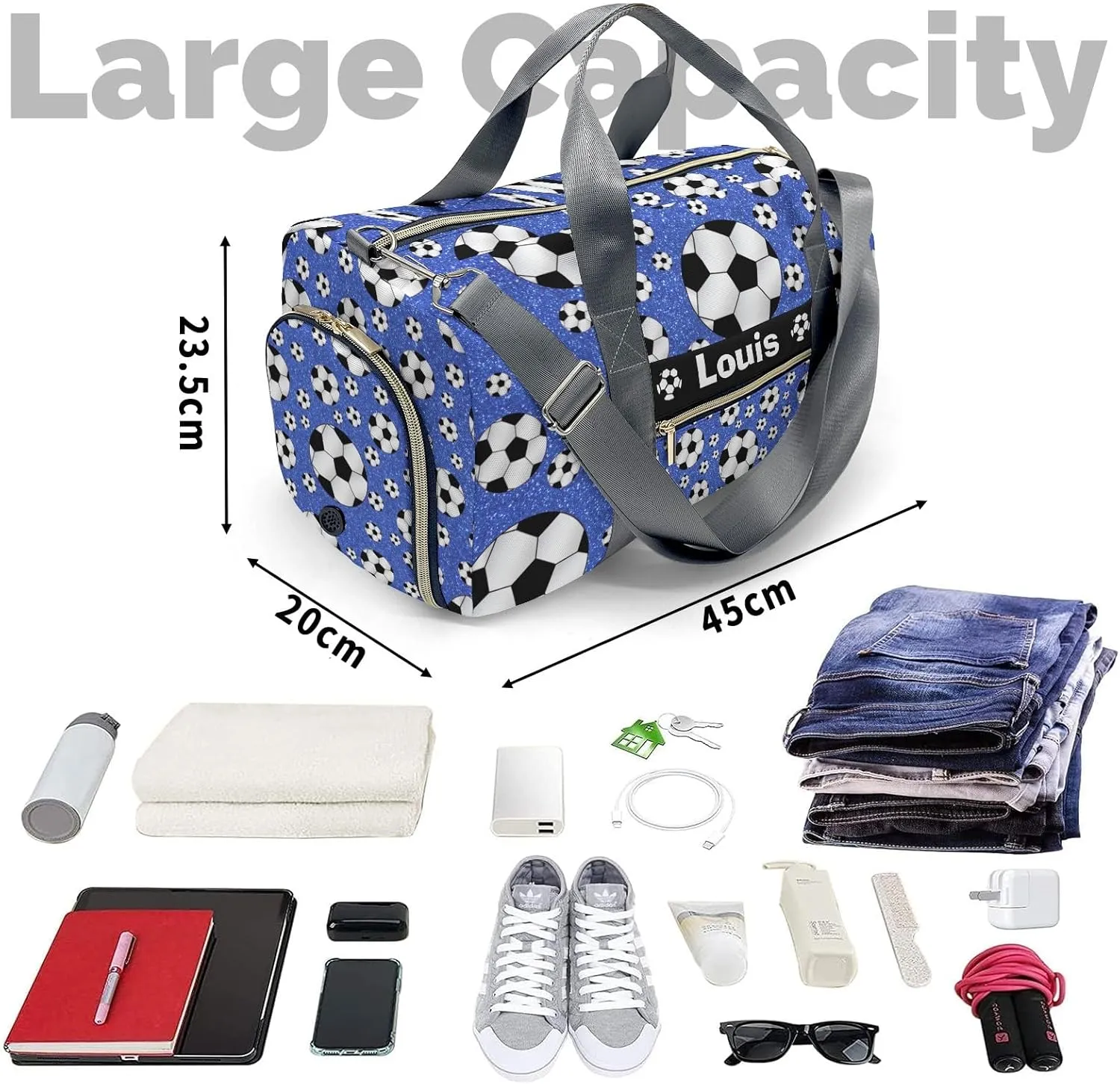 Custon Name Blue Glitter Balls Soccer Gym Duffel Bag Sport Player Travel Bag Personalized Gift for Travel Hand Bag Carry on Bag