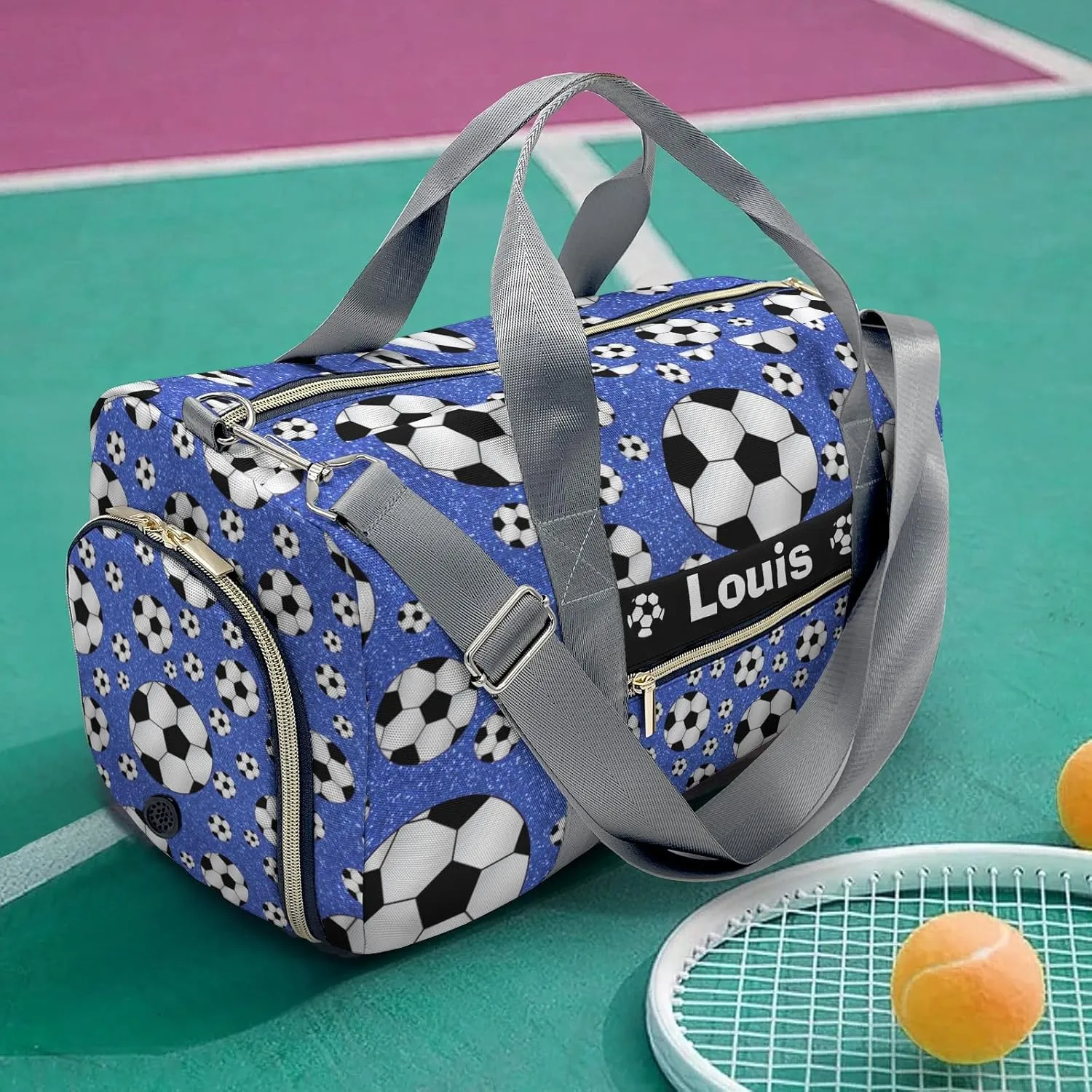 Custon Name Blue Glitter Balls Soccer Gym Duffel Bag Sport Player Travel Bag Personalized Gift for Travel Hand Bag Carry on Bag