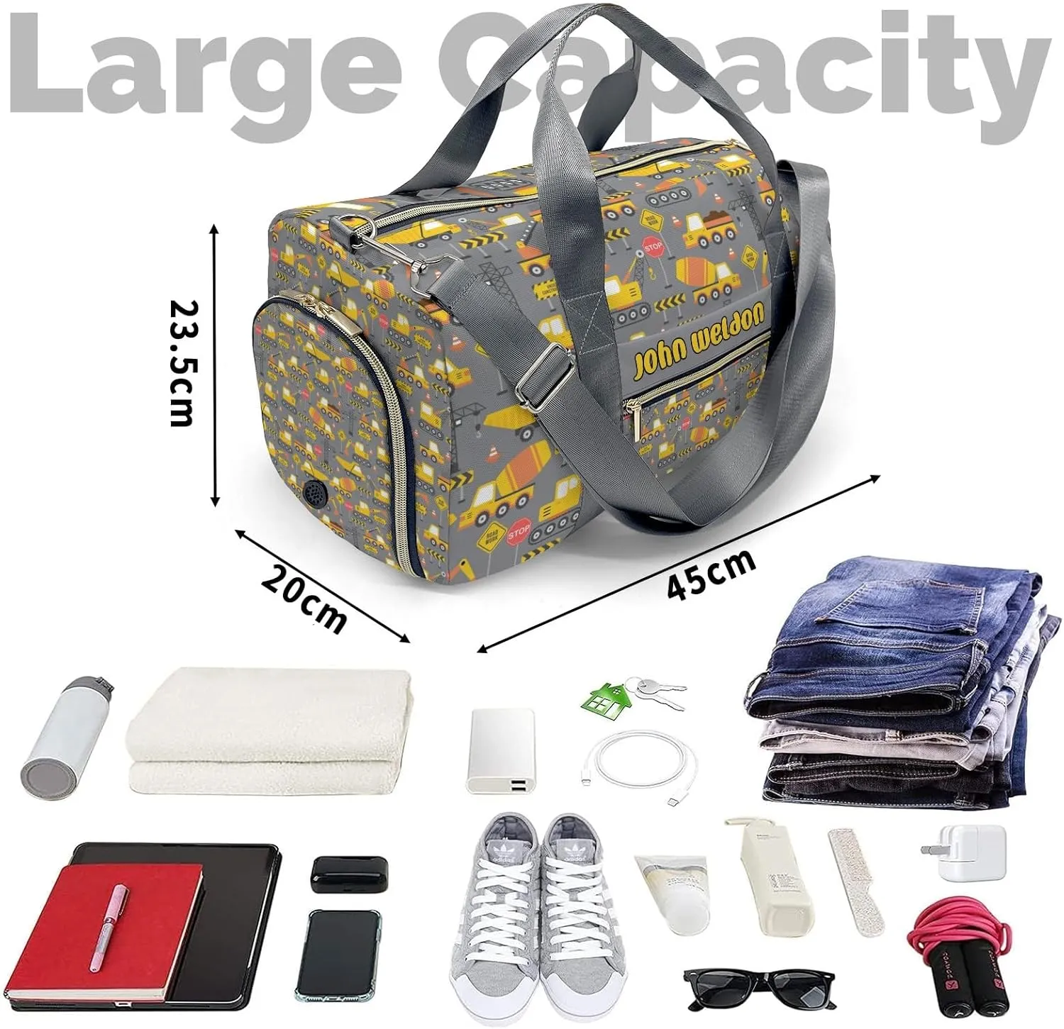 Custon Name Construction Truck Gray Gym Sport Yoga Duffel Bag Sport Player Travel Bag,Sport Gym Bag Personalized Gift for Travel Hand Bag Carry on Bag