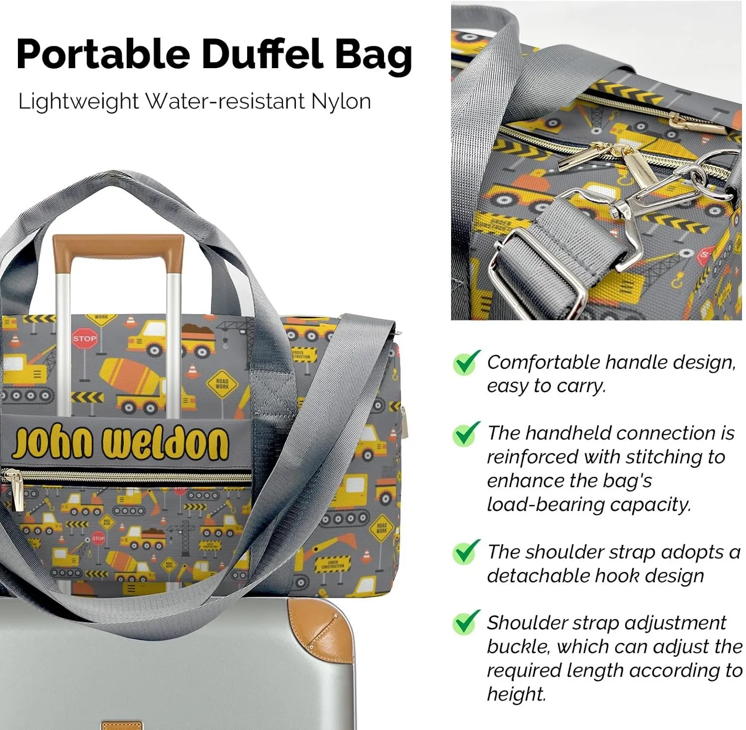 Custon Name Construction Truck Gray Gym Sport Yoga Duffel Bag Sport Player Travel Bag,Sport Gym Bag Personalized Gift for Travel Hand Bag Carry on Bag