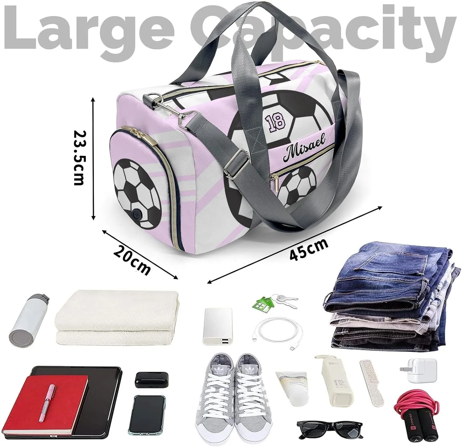 Custon Name Soccer Number Pink Gym Sport Yoga Duffel Bag Sport Player Travel Bag,Sport Gym Bag Personalized Gift for Travel Hand Bag Carry on Bag