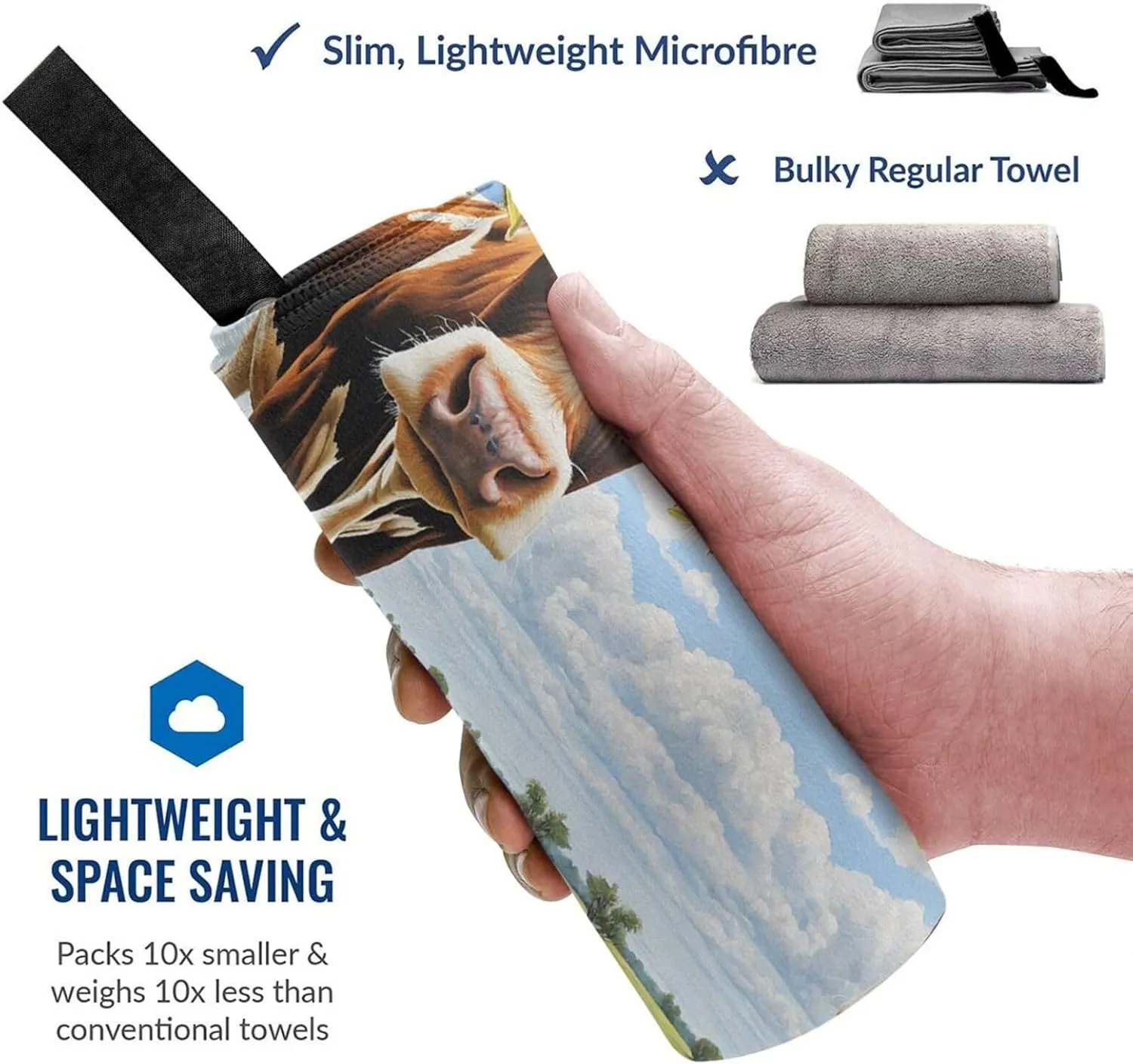 Cute Cow Premium Compact Microfiber Travel Towel-Featherlight & Quick Dry,Sand-Resistant Beach Towel for Swimming,Camping,Vacation Essentials with Carry Pouch