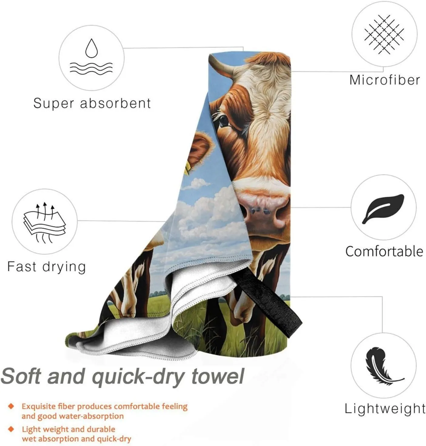 Cute Cow Premium Compact Microfiber Travel Towel-Featherlight & Quick Dry,Sand-Resistant Beach Towel for Swimming,Camping,Vacation Essentials with Carry Pouch