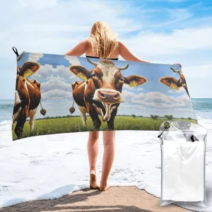Cute Cow Premium Compact Microfiber Travel Towel-Featherlight & Quick Dry,Sand-Resistant Beach Towel for Swimming,Camping,Vacation Essentials with Carry Pouch