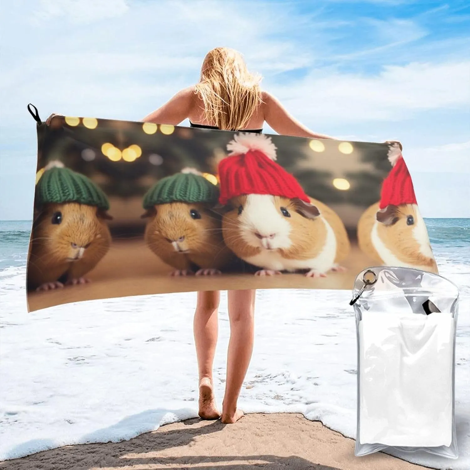 Cute Guinea Pigs Wearing Hat Premium Compact Microfiber Travel Towel-Featherlight & Quick Dry,Sand-Resistant Beach Towel for Swimming,Camping,Vacation Essentials with Carry Pouch