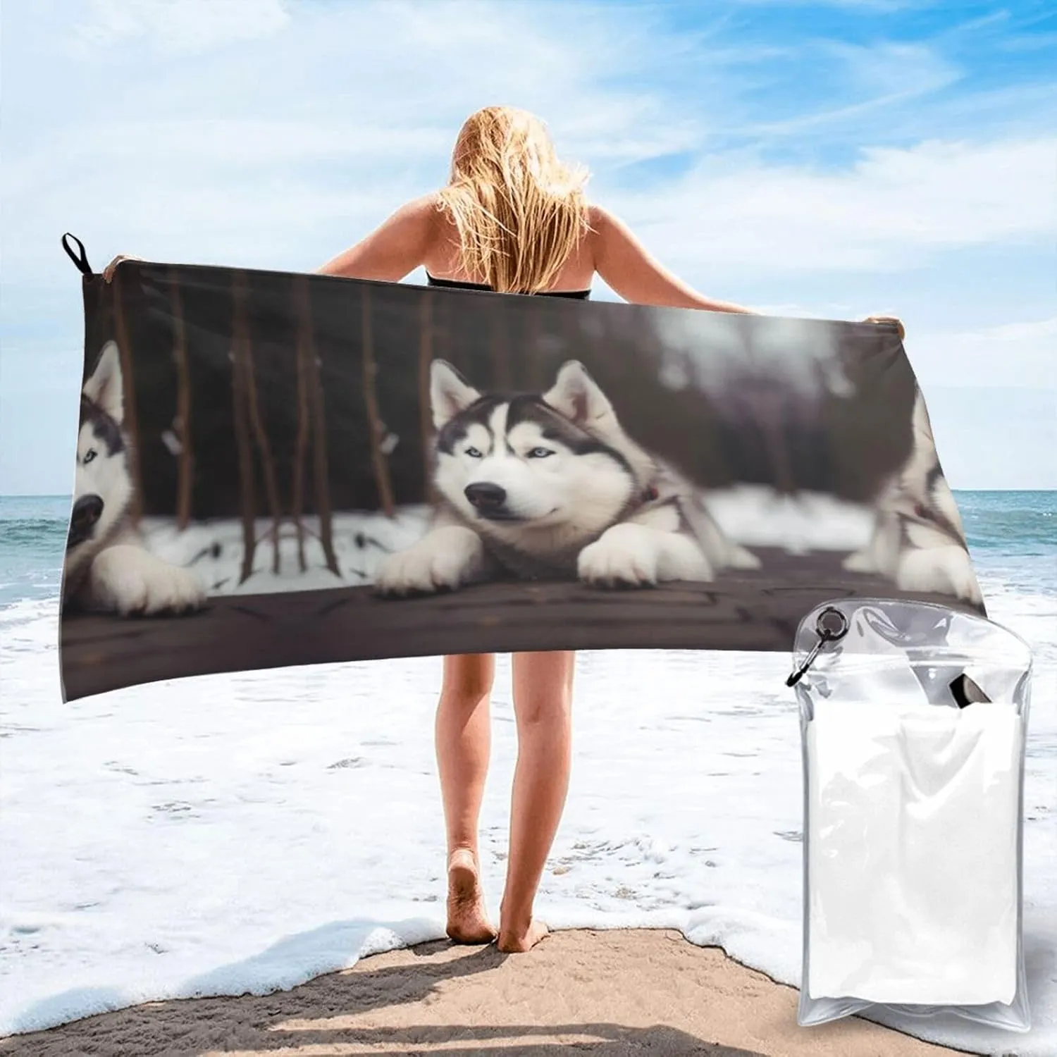Cute Husky Dog Premium Compact Microfiber Travel Towel-Featherlight & Quick Dry,Sand-Resistant Beach Towel for Swimming,Camping,Vacation Essentials with Carry Pouch