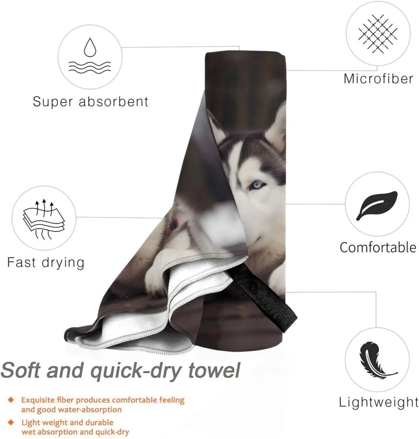 Cute Husky Dog Premium Compact Microfiber Travel Towel-Featherlight & Quick Dry,Sand-Resistant Beach Towel for Swimming,Camping,Vacation Essentials with Carry Pouch