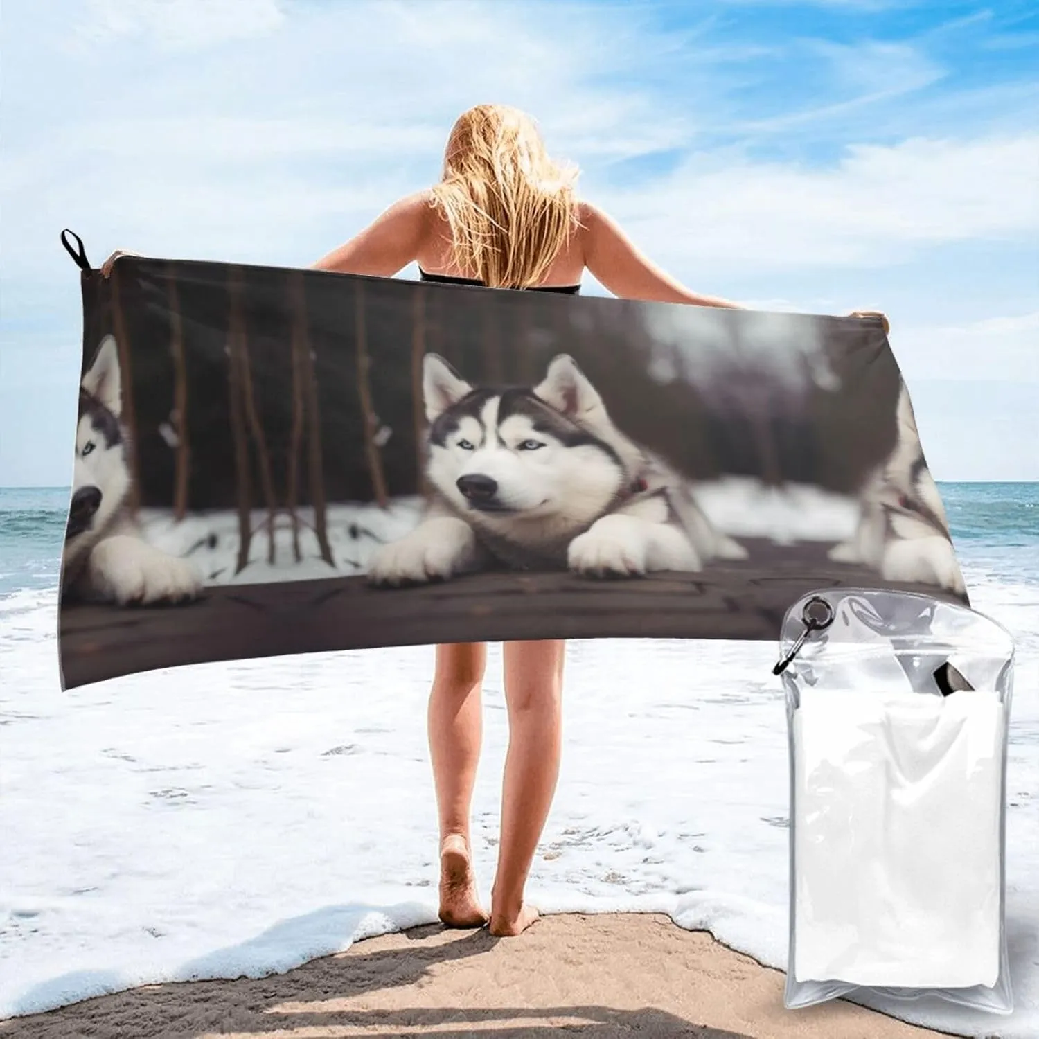 Cute Husky Dog Premium Compact Microfiber Travel Towel-Featherlight & Quick Dry,Sand-Resistant Beach Towel for Swimming,Camping,Vacation Essentials with Carry Pouch
