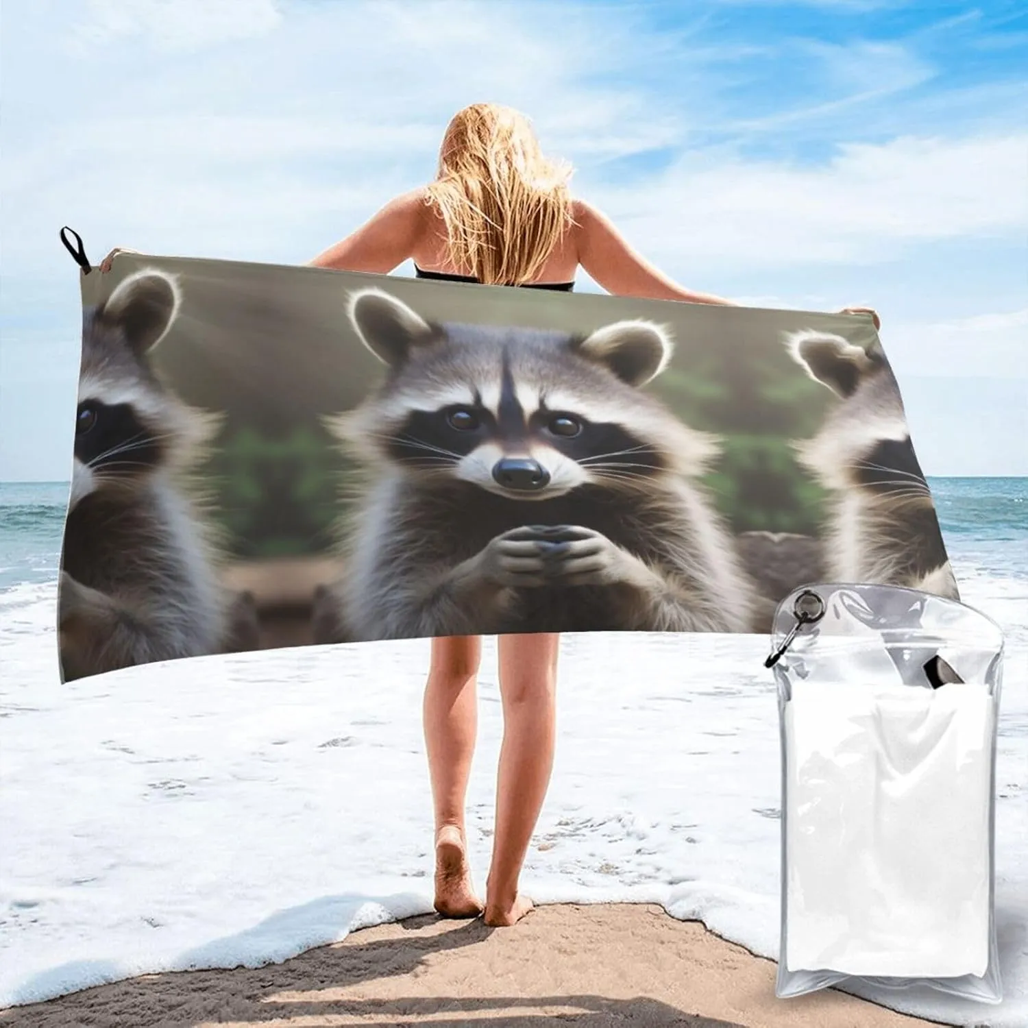Cute Raccoon Premium Compact Microfiber Travel Towel-Featherlight & Quick Dry,Sand-Resistant Beach Towel for Swimming,Camping,Vacation Essentials with Carry Pouch