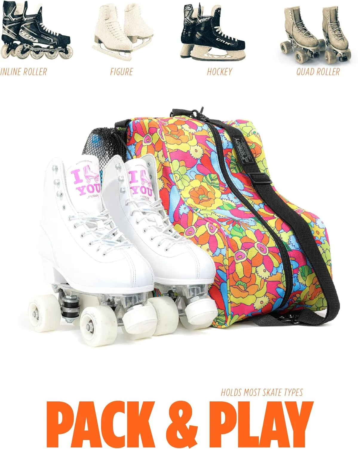 Cute Roller Skate Bags for Women; Ideal Quad Roller Skate Bag or Roller Skate Bags for Girls; Use as Ice Skating Bag, Figure Skating Bag, Ice Skate Bags for Girls w/Clip-On Water Bottle Bag