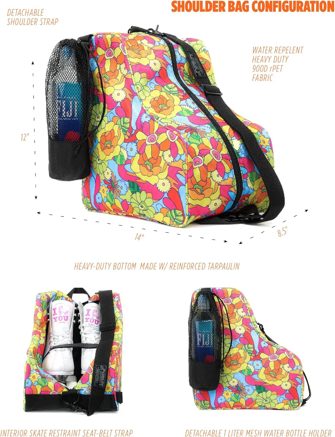 Cute Roller Skate Bags for Women; Ideal Quad Roller Skate Bag or Roller Skate Bags for Girls; Use as Ice Skating Bag, Figure Skating Bag, Ice Skate Bags for Girls w/Clip-On Water Bottle Bag